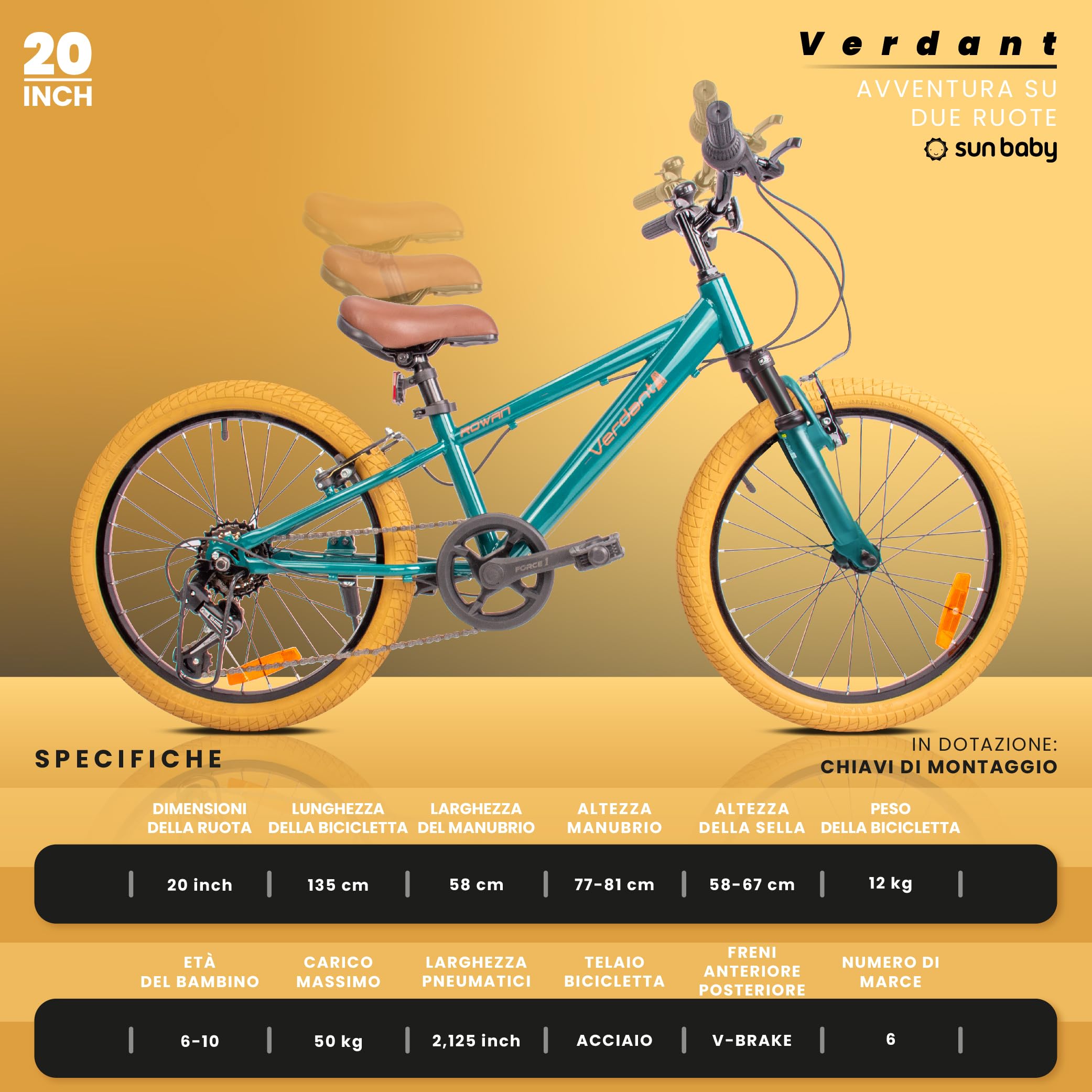 Verdant Bike Bicicletta per bambini 20 24 pollici ruota dimensioni da 6 a 12 anni altezza regolabile velocità Shimano