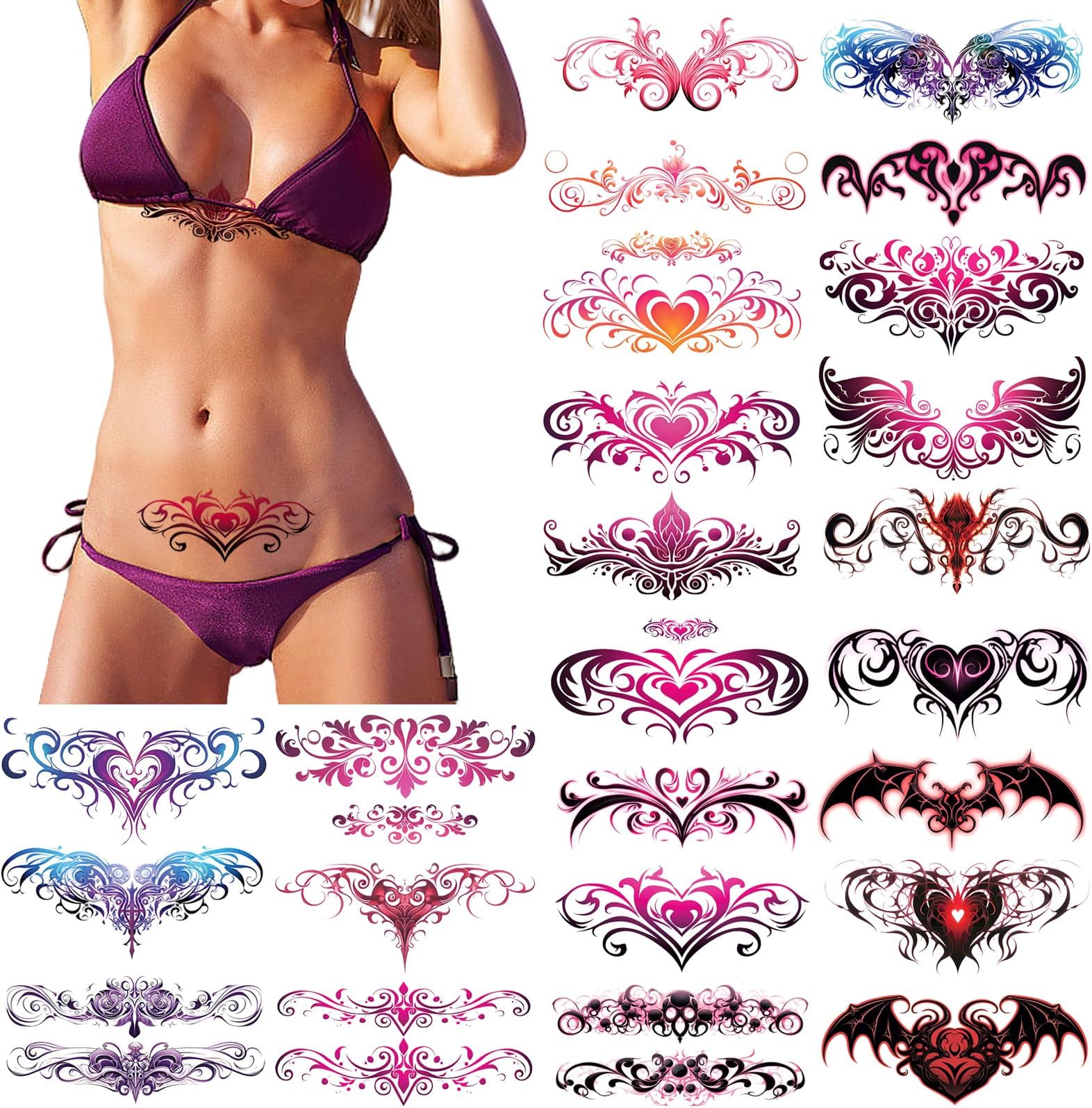 24 Sheets Sexy Belly Temporary Tattoos Black Red Heart Navel Waterproof Tattoo Stickers Bust Stomach Waist Back Fake Body Tattoos for Women