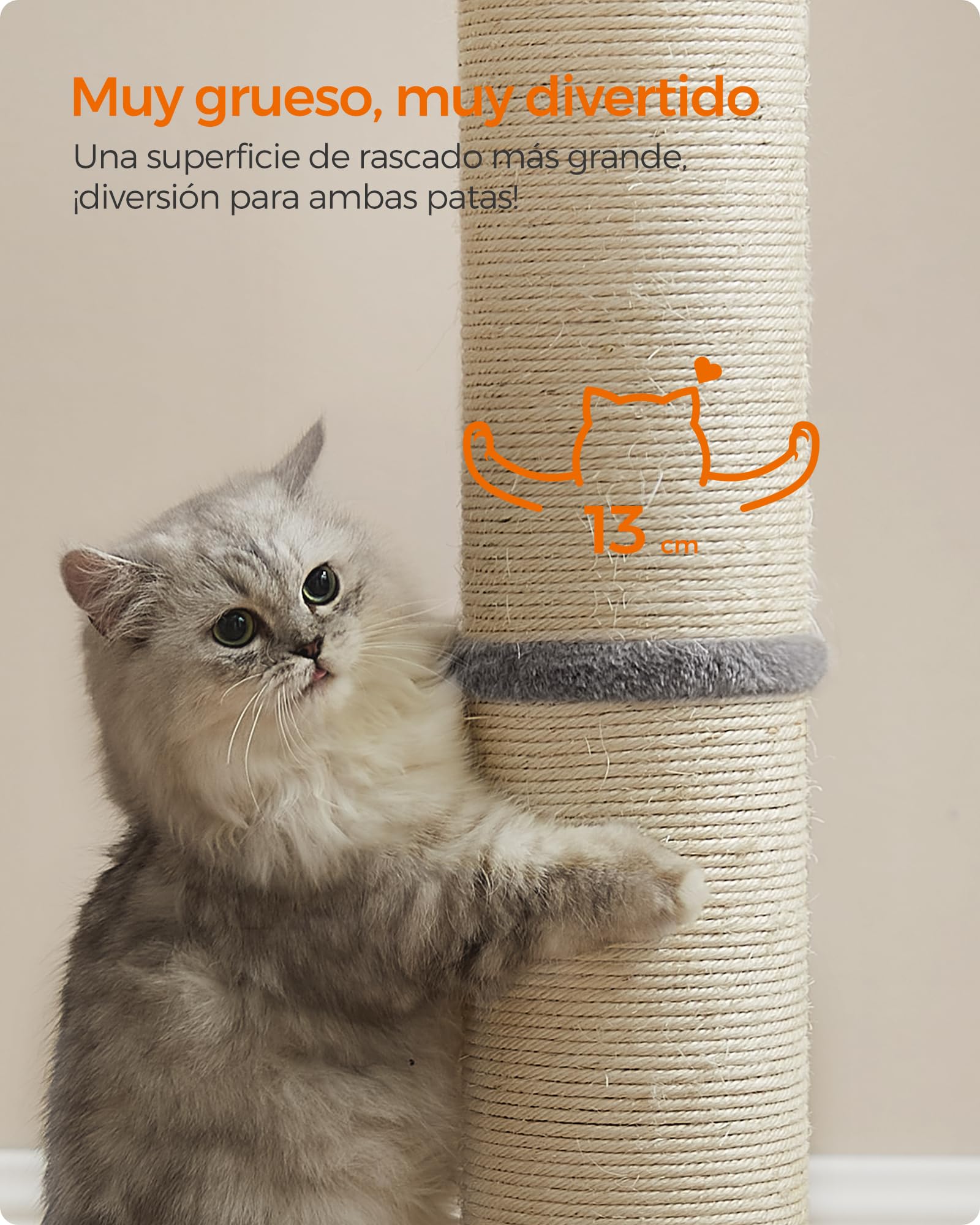 Feandrea Poste Rascador para Gatos, 85 cm de Alto, Gatos Medianos y Grandes, Poste Rascador de Sisal, Pompón de Muelle con Campana, Gris Paloma PCA041G01