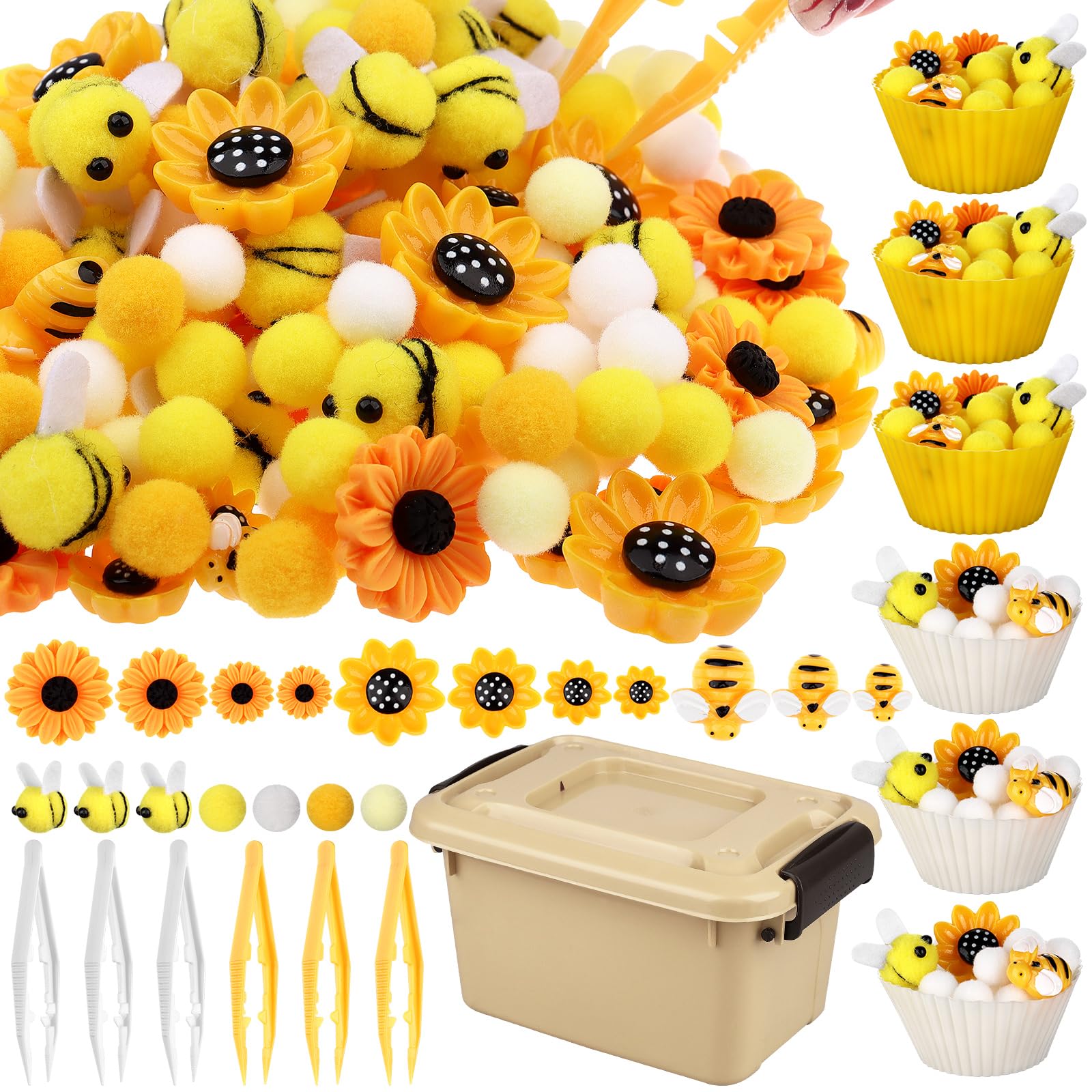 303Pcs Bee Sensory Bin Filler Fine Motor Toys Sunflower Counting Sorting 200 Felt Pompoms 40 Sunflowers 50 bees 6 Tweezers 6 Silicone Plates 1Storage Box for Counting Sorting DIY Crafts(Bee Sunflower)