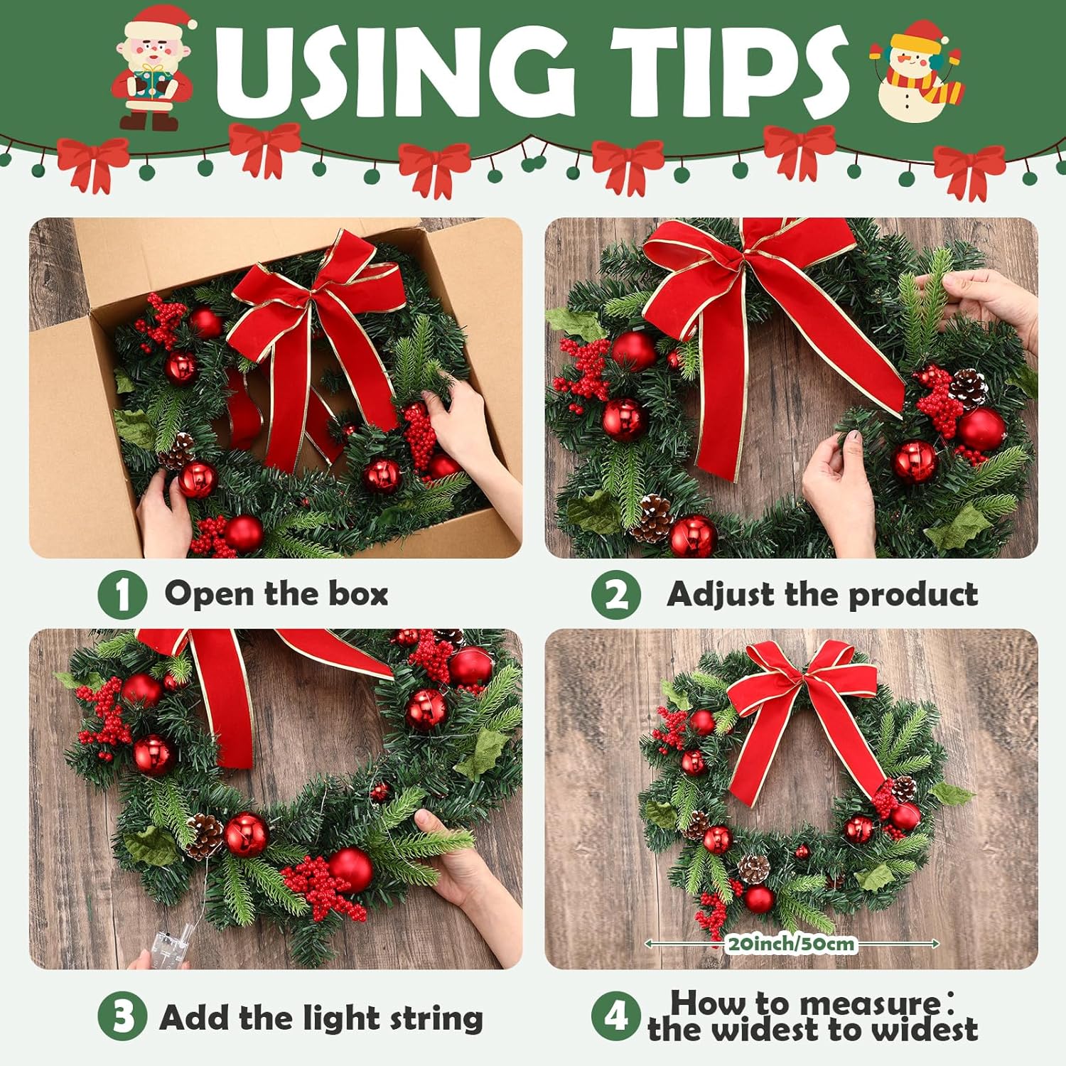 Suncalla 2 Pcs 20 Inch Pre Lit Christmas Wreath for Front Door Norfolk Artificial Xmas Wreath with Lights Bow for Christmas Party Outdoor Decor (Classic Bow)