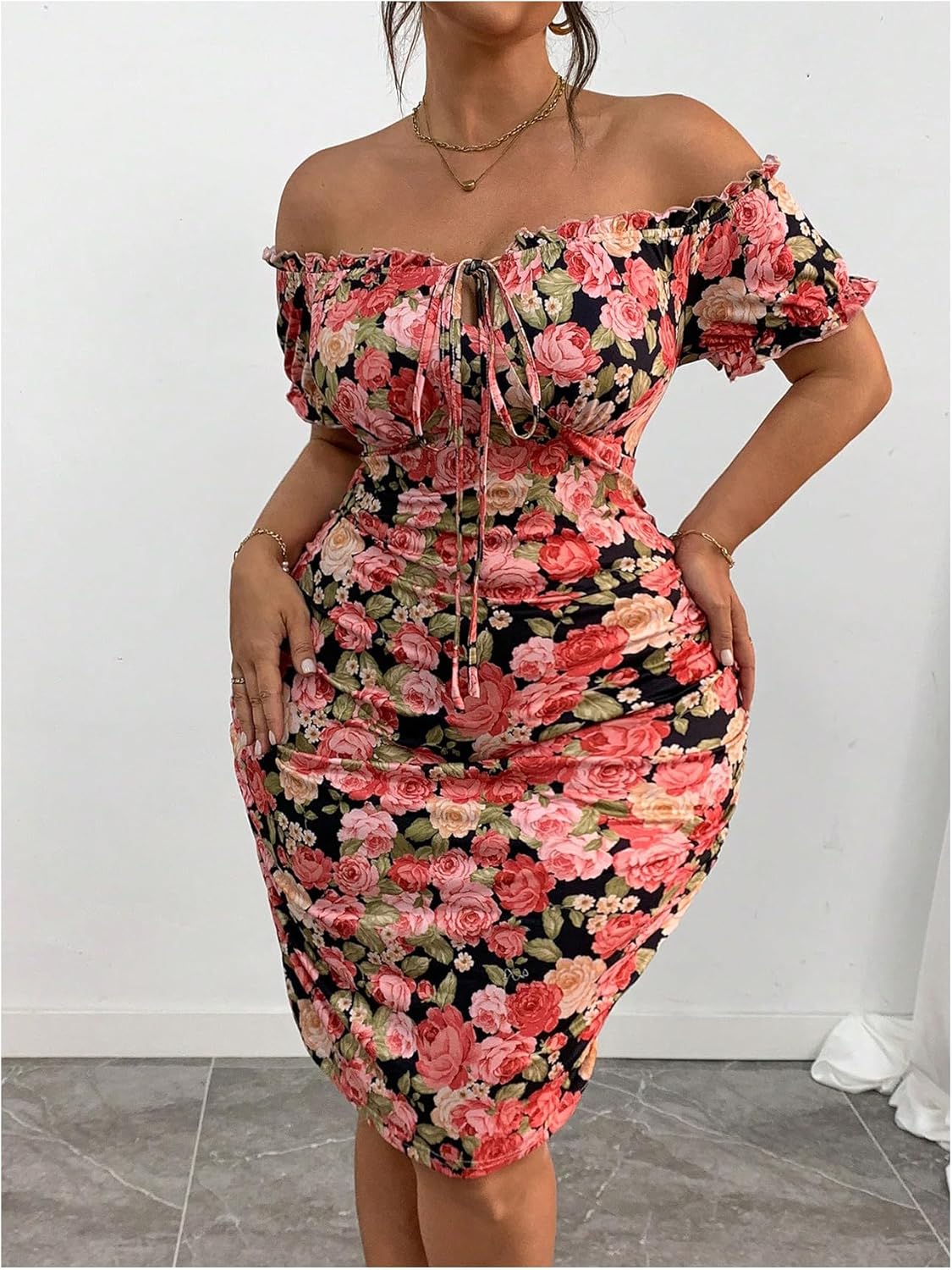 Floerns Women's Plus Size Floral Off Shoulder Bodycon Dresses Short Sleeve Milkmaid Dress - Image 3
