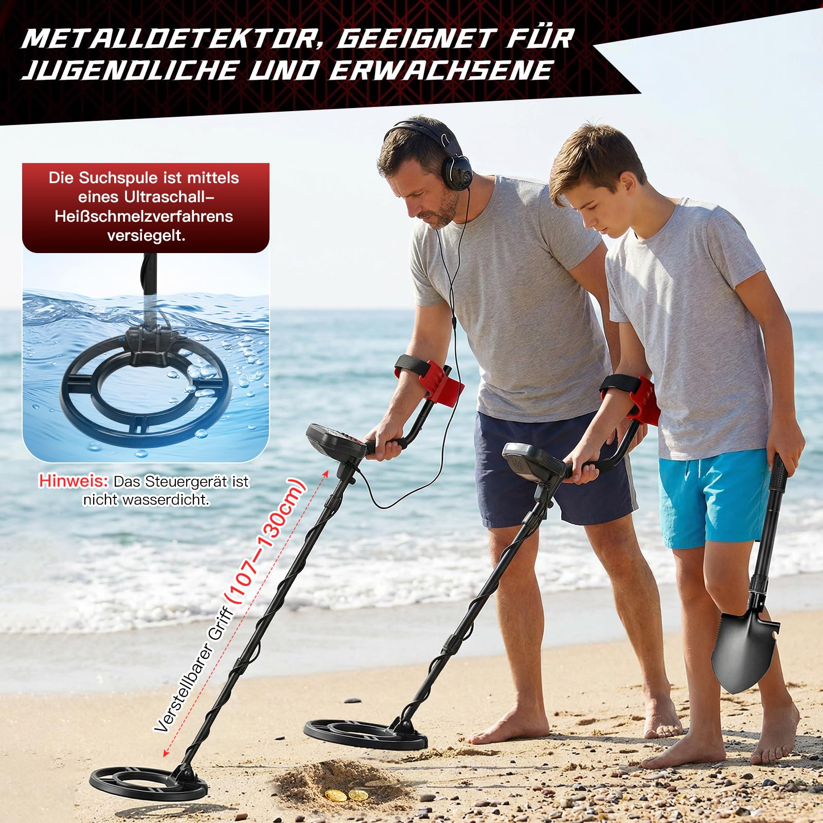 Detecteur de Metaux Professionnel,5 modes de détection disque de recherche étanche IP68 de 10 pouces, tige réglable de 42,1" à 52" avec écran LCD rétroéclairé convient aux adultes et aux enfants-Rouge