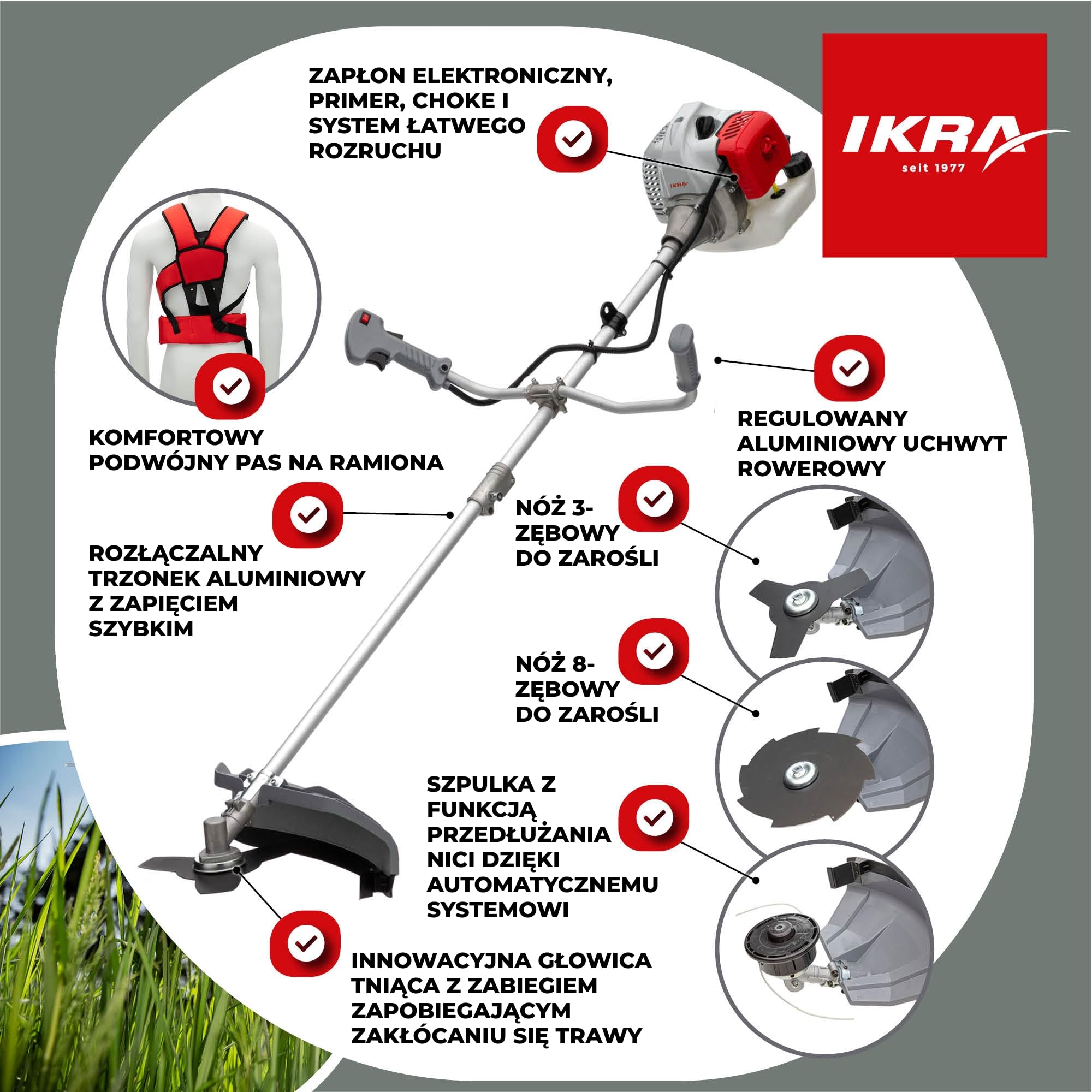 IKRA Podkaszarka spalinowa IBF 4342 z akcesoriami 42,7cm³ 1,25 kW | Zawiera noże 3- i 8-zębne,2 szpule i pas naramienny,mocny silnik 2-suwowy, łatwy rozruch,uchwyt rowerowy