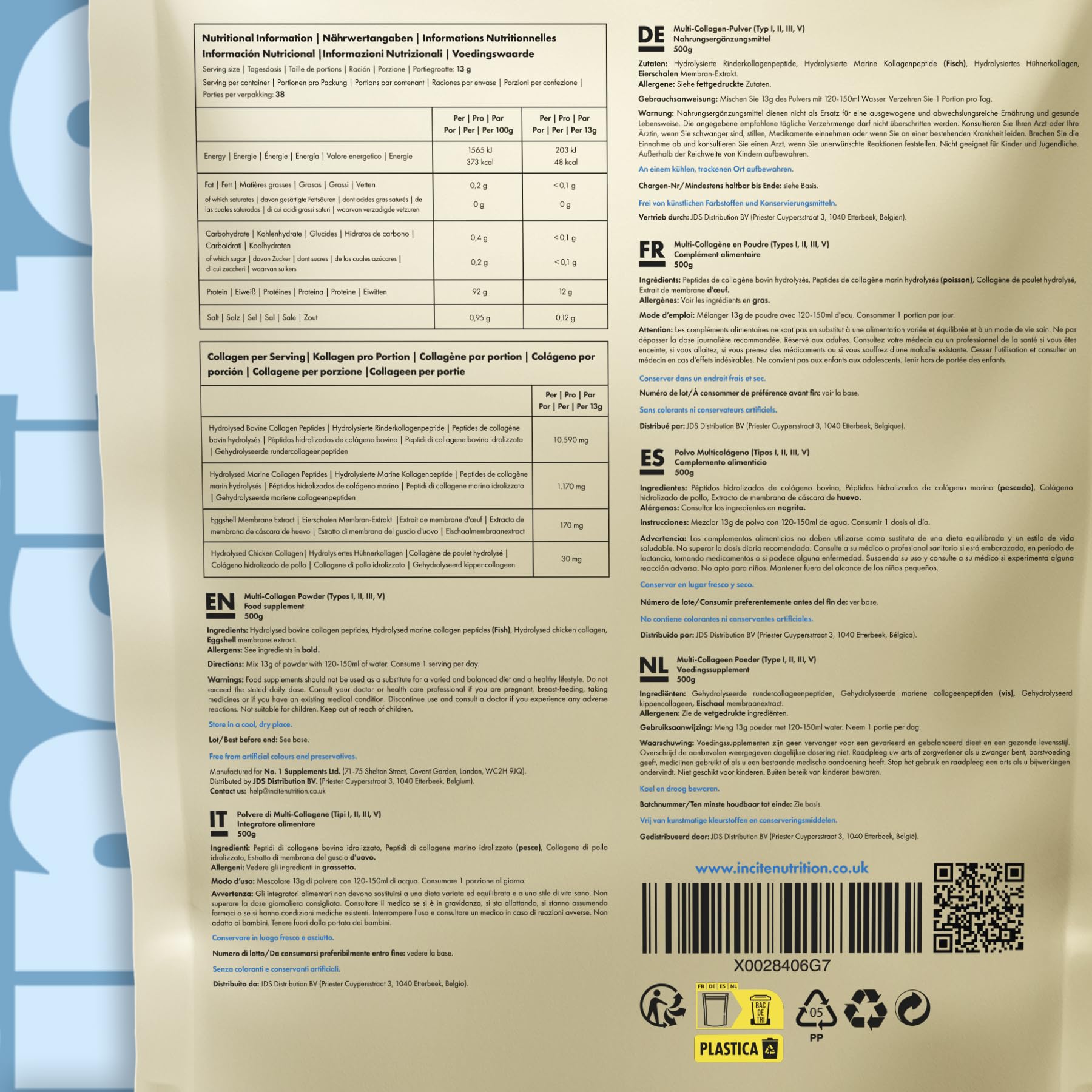 Incite Nutrition Multi Collagène Poudre Non Aromatisée 500 g. Source de Collagene Types 1, 2, 3 et 5. Complément pour la Peau, les Articulations, les Os, les Cheveux et la Récupération Musculaire.
