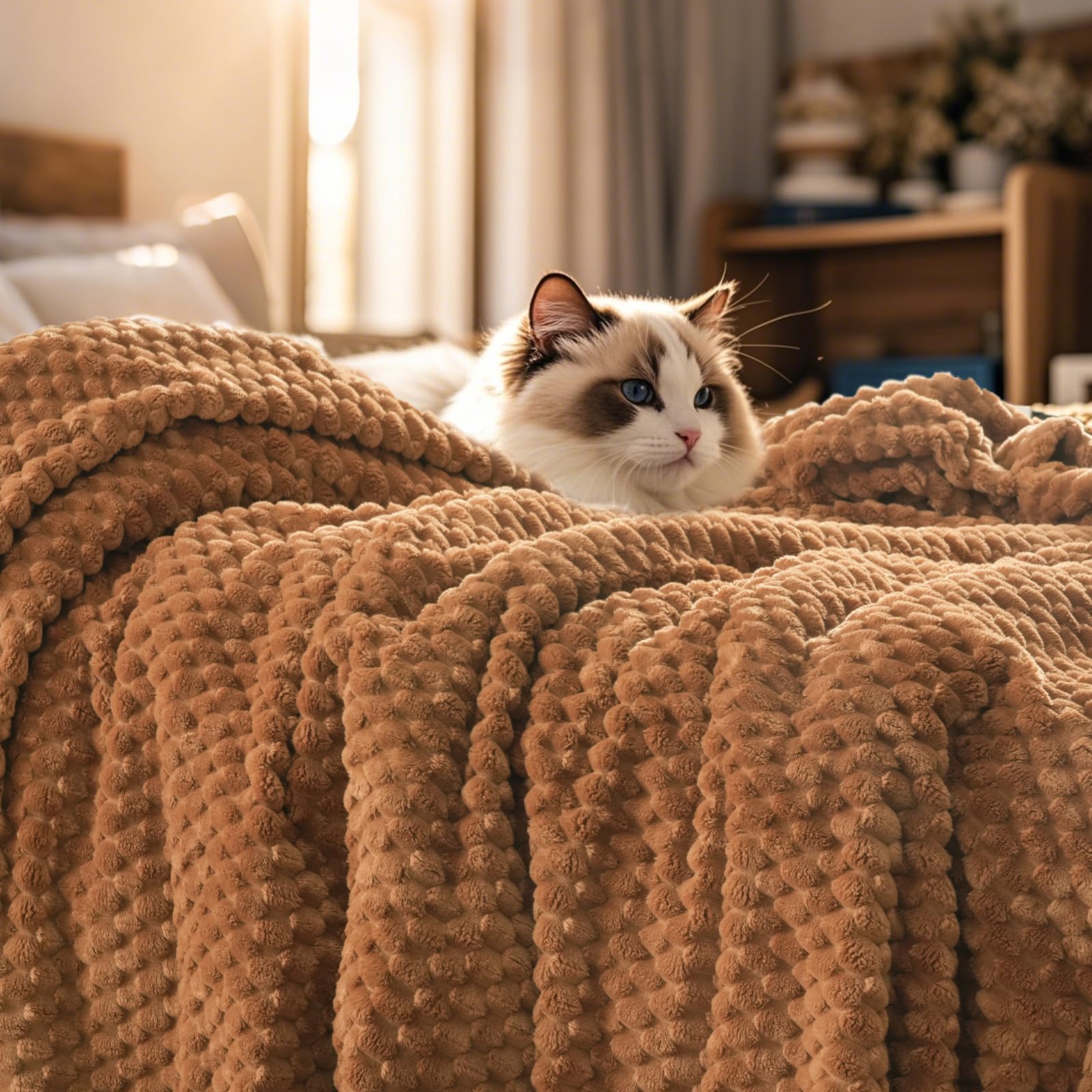 PHF Ultra Soft Flannel Fleece Blanket King Size, Lightweight 3D Jacquard Fleece Blanket, No Shedding, No Pilling, Luxury 340GSM Aesthetic Fluffy Cozy for Bed Room Decor, 108"x90", Brown Sugar/Toast
