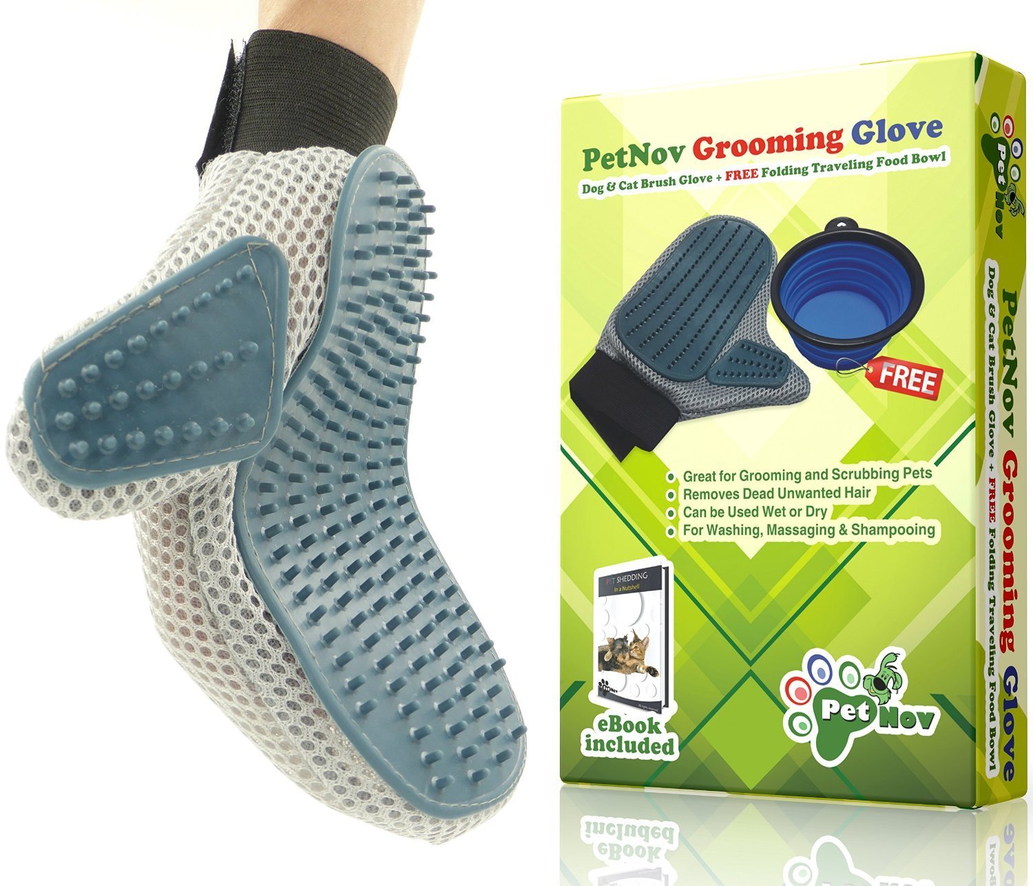 Dog & Cat Grooming Brush Glove + Collapsible Pet Travel Food Bowl- for Long & Short Hair Removing-Gentle Massage Mitt