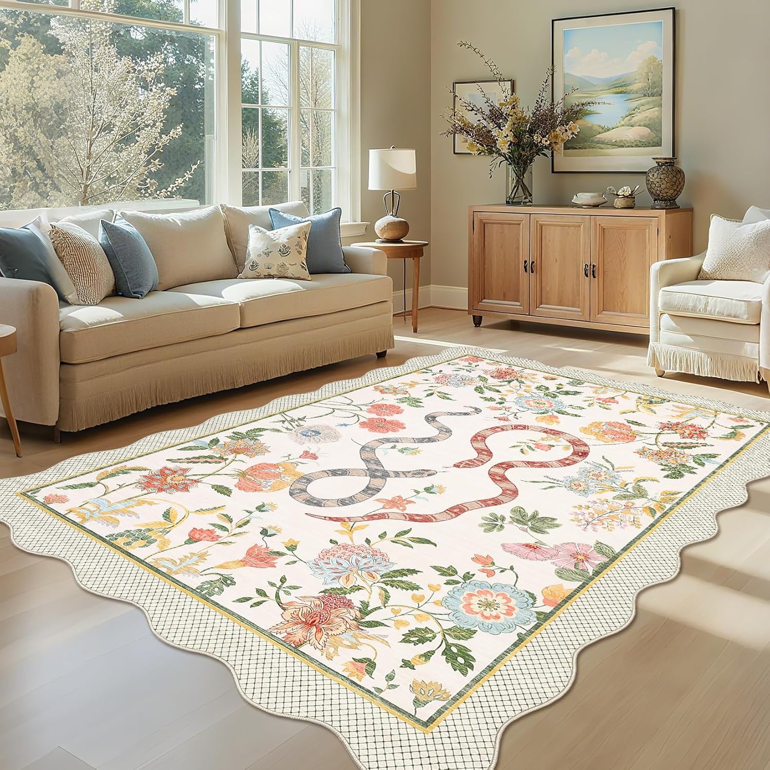 garveehome washable rug 8x10 for living room bedroom modern scalloped carpet low pile dining room floral carpet indoor non-slip flower beige animal print area rug for playroom dorm home beige 8' x 10'