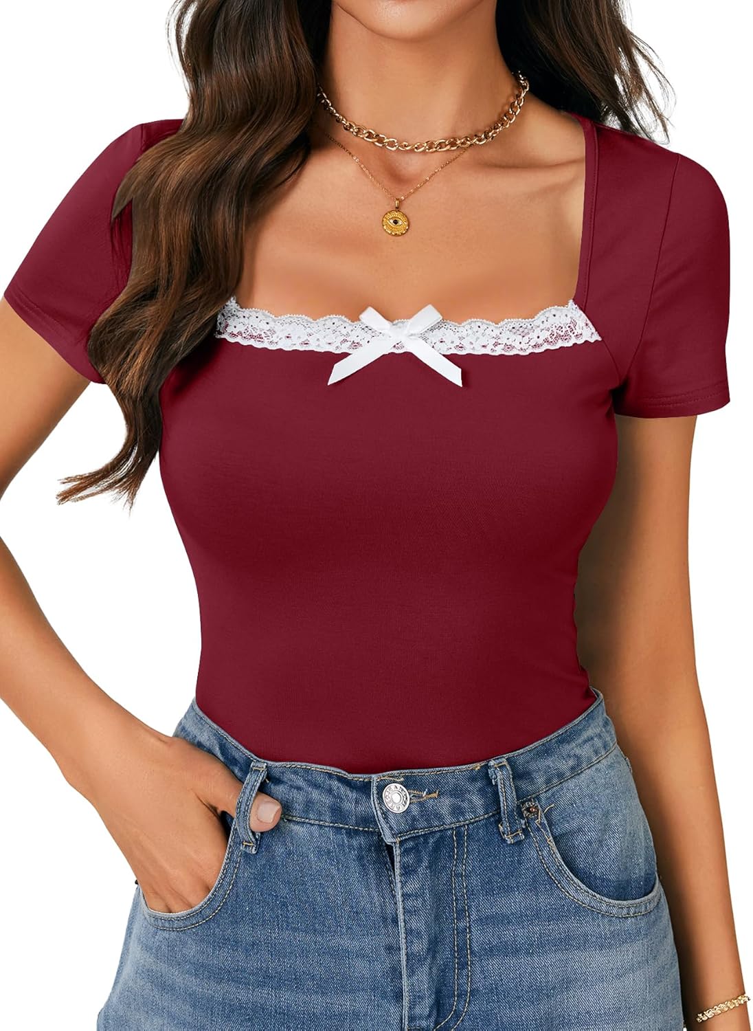 Rooscier Women's Cute Tops Lace Trim Knot Square Neck Short Sleeve Slim Fitted Tee Shirts Going Out Blouse - Image 2
