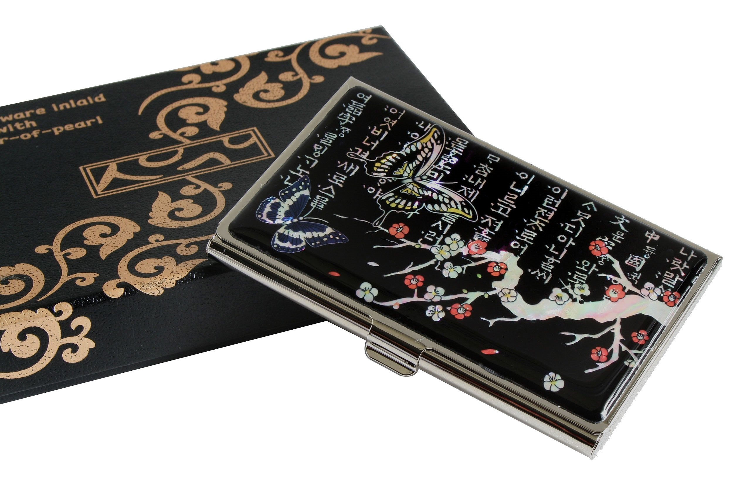 Mother Of Pearl Business Card Case - Stainless Steel With Arabesque Design