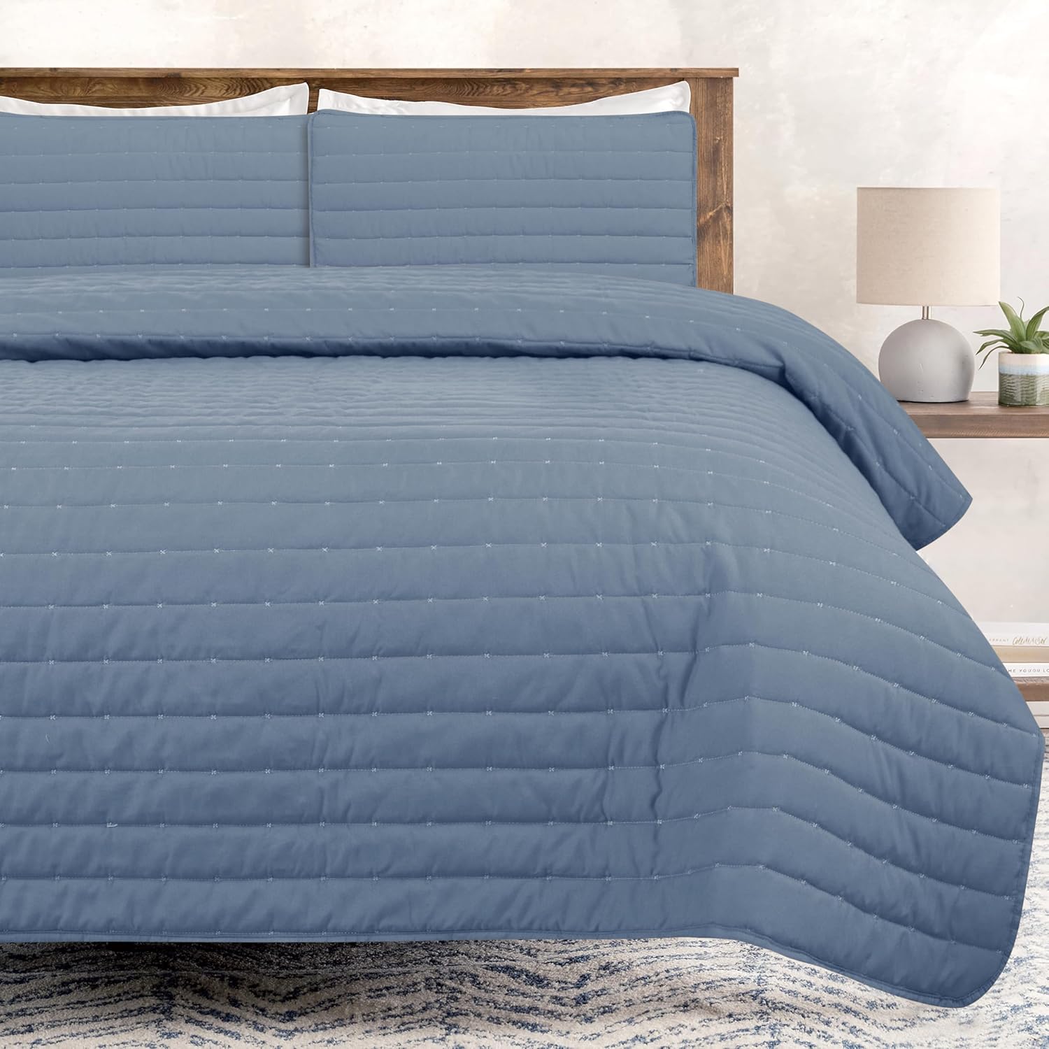 Chanasya Premium Queen Size Washed Microfiber Quilted Coverlet Set – Solid Blue …