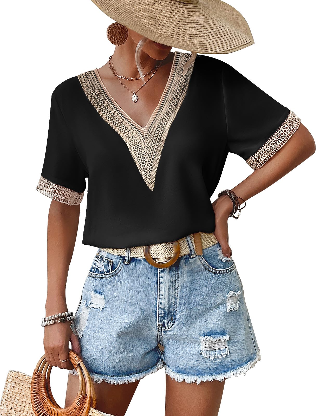 CMTOP Camisa Manga Corta Mujer Elegantes Blusas Mujer Verano Cuello en V Camisetas Camisa de Gase Casual Informal Blusa Color Sólido Tops