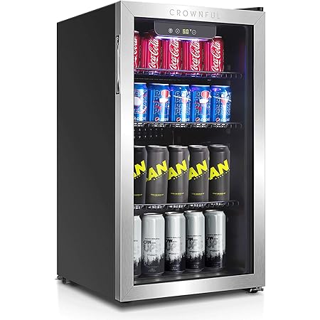 CROWNFUL Mini Fridge Cooler, 120 Cans Beverage Refrigerator with Adjustable Shelves for Soda Beer or Wine, Compact refrigerator with Glass Door, Best for Home/Bar/Office, 3.2Cu.Ft