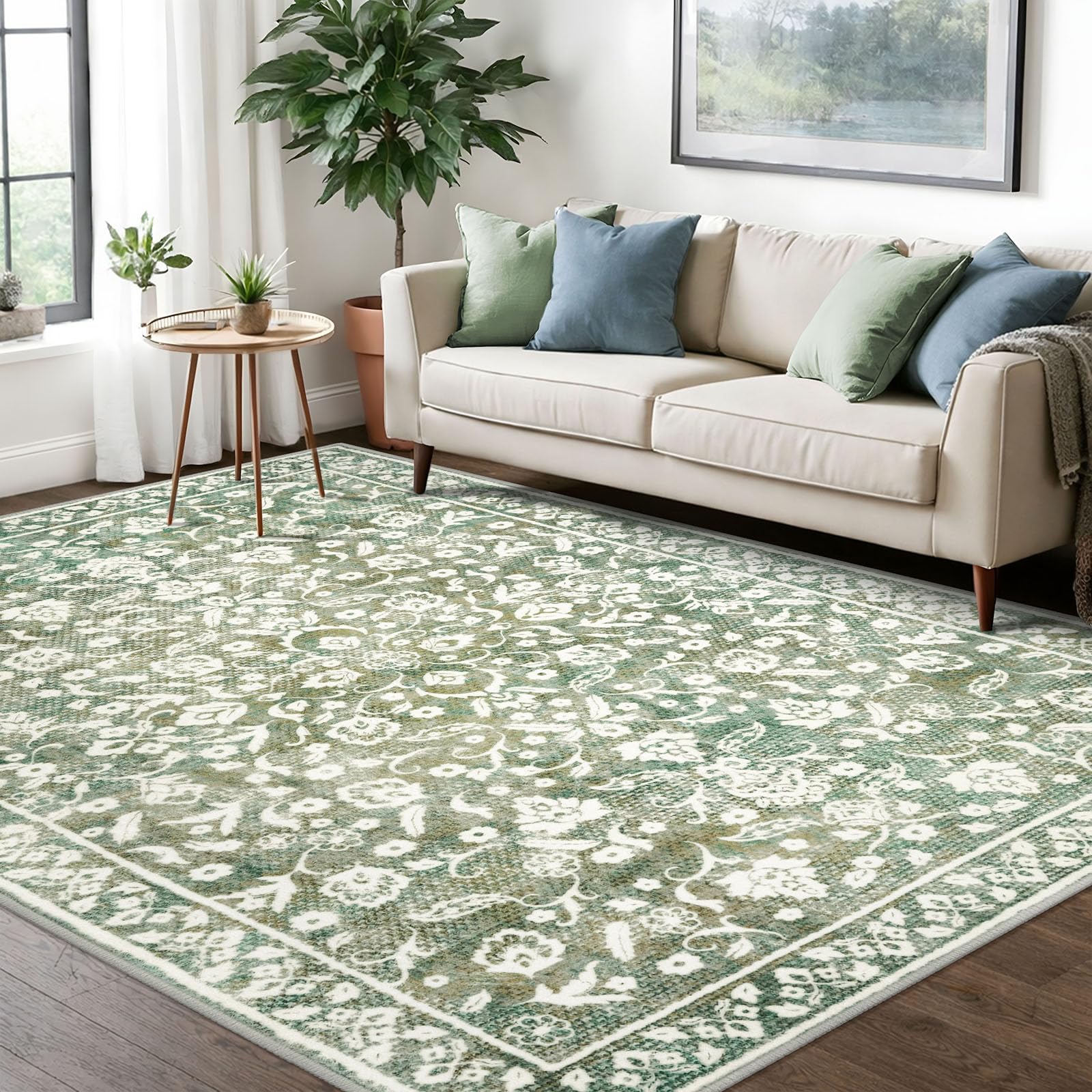 SILOLOOM Vintage Area Rug 6x9, Sage Green Beige Non-Slip Soft Area Rug Living Room Thin Printed Faux Wool Floor Super Soft Carpet Throw Rugs for