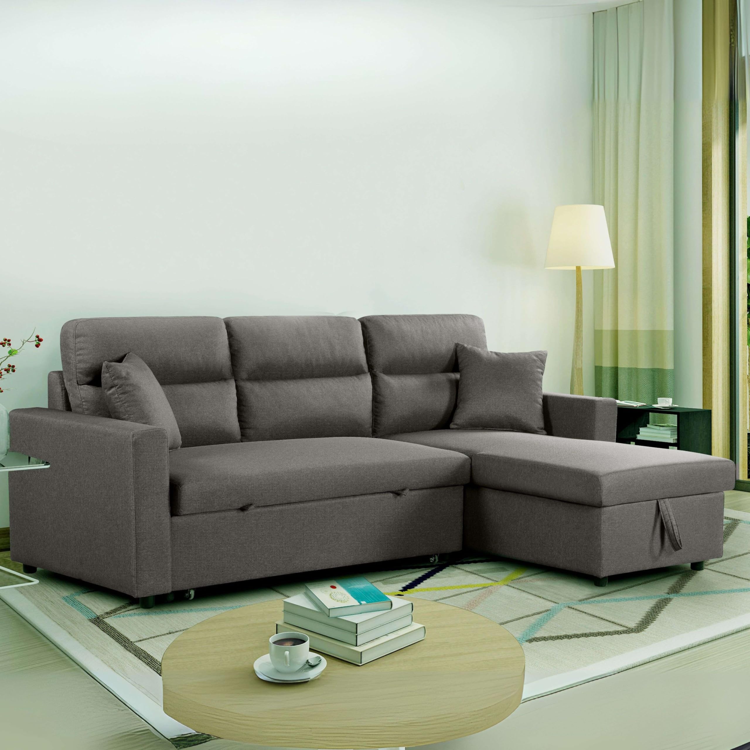 Miroytengo Sofá Cama Chaise Longue Juliet Salón, Sofá con Arcón y 2 Cojines Gris 224x89x145