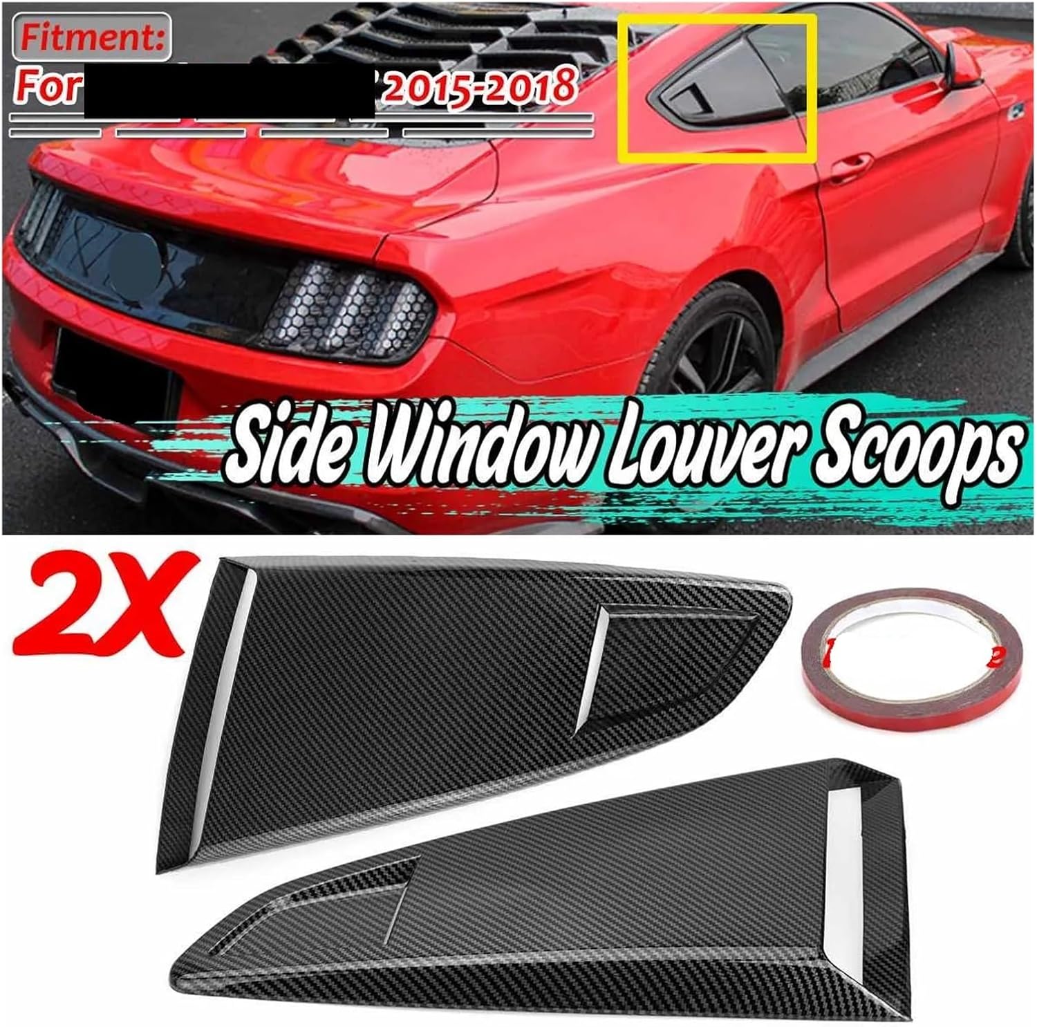 1/4 Quarter Car Rear Side Window Louver Side Vent Scoop Cover Trim Side Vent Scoop Cover Compatible For Ford Mustang 2015-2020 2Dr(Carbon Fiber Look)