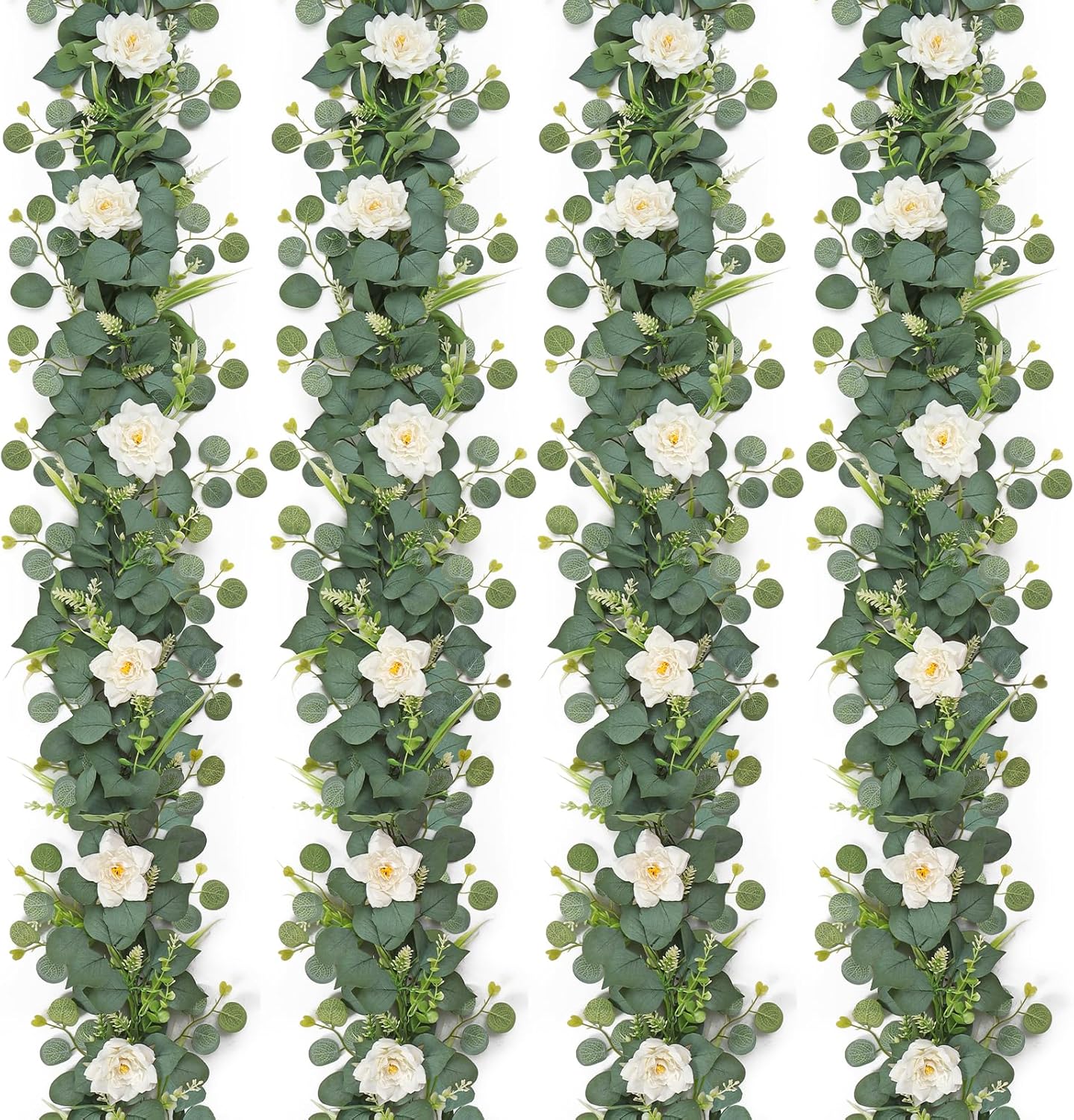4PCS Flower Garland 6.2FT Artificial Rose Flowers Garland Wall Vines Greenery White Roses Eucalyptus Garlands for Wedding Table Runner Arches Backdrop Party Centerpiece Decor (White Rose, 4PCS)