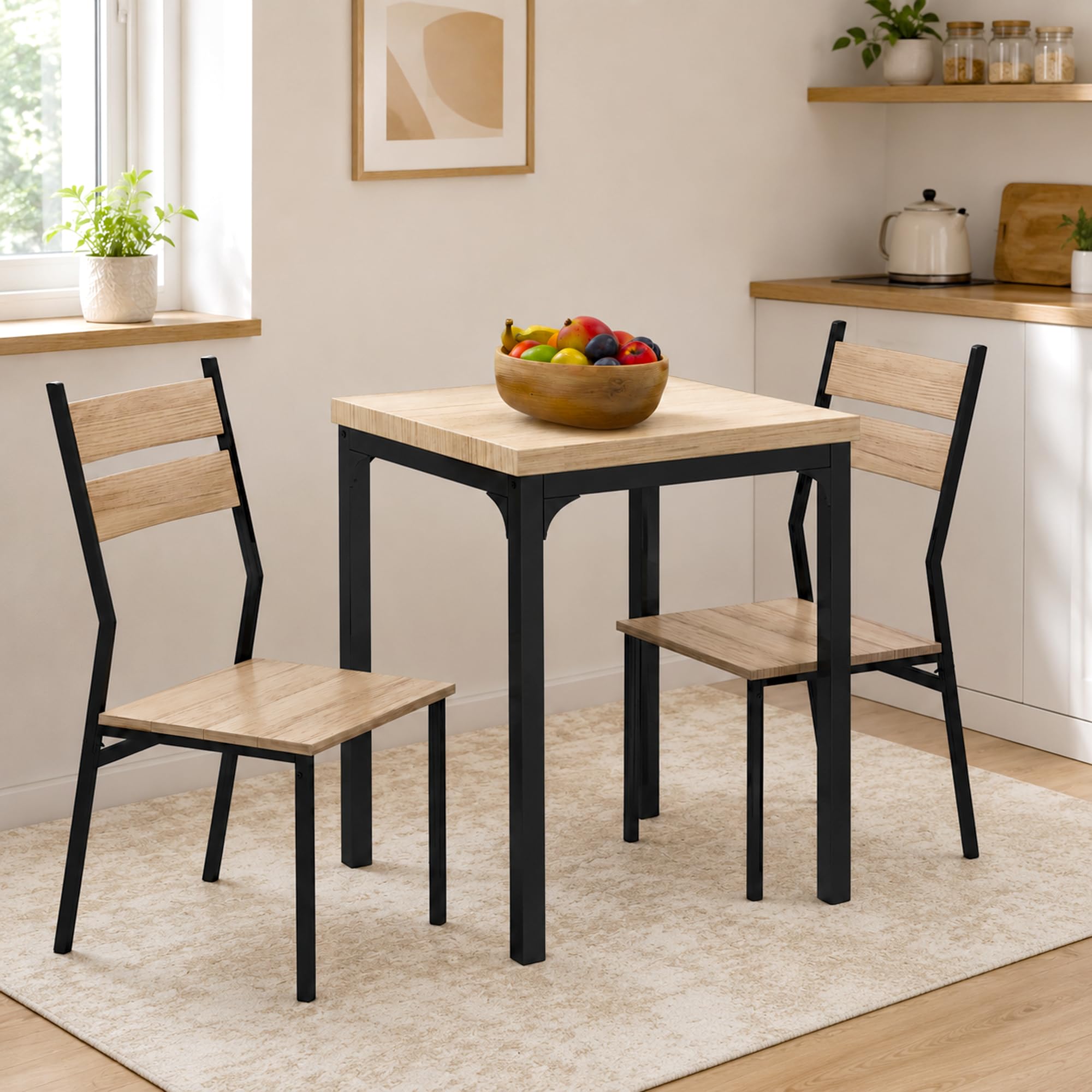 HOMCOM 3-teilige Essgruppe Esstisch mit 2 Stühlen, 4 cm Tischplatte Sitzgruppe Küchentisch mit Metallgestell Esszimmergruppe, Natur