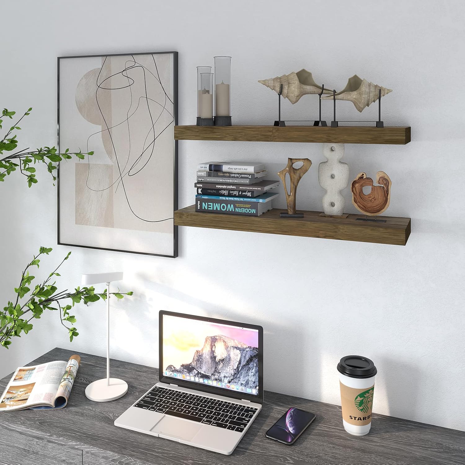 BAMFOX Floating Shelves Set of 2，Natural Bamboo Wall Shelf Wall Mounted Shelves，Wall Mount Display Rack with Large Storage L23 x W6 for Kitchen Living Room Bathroom Bedroom