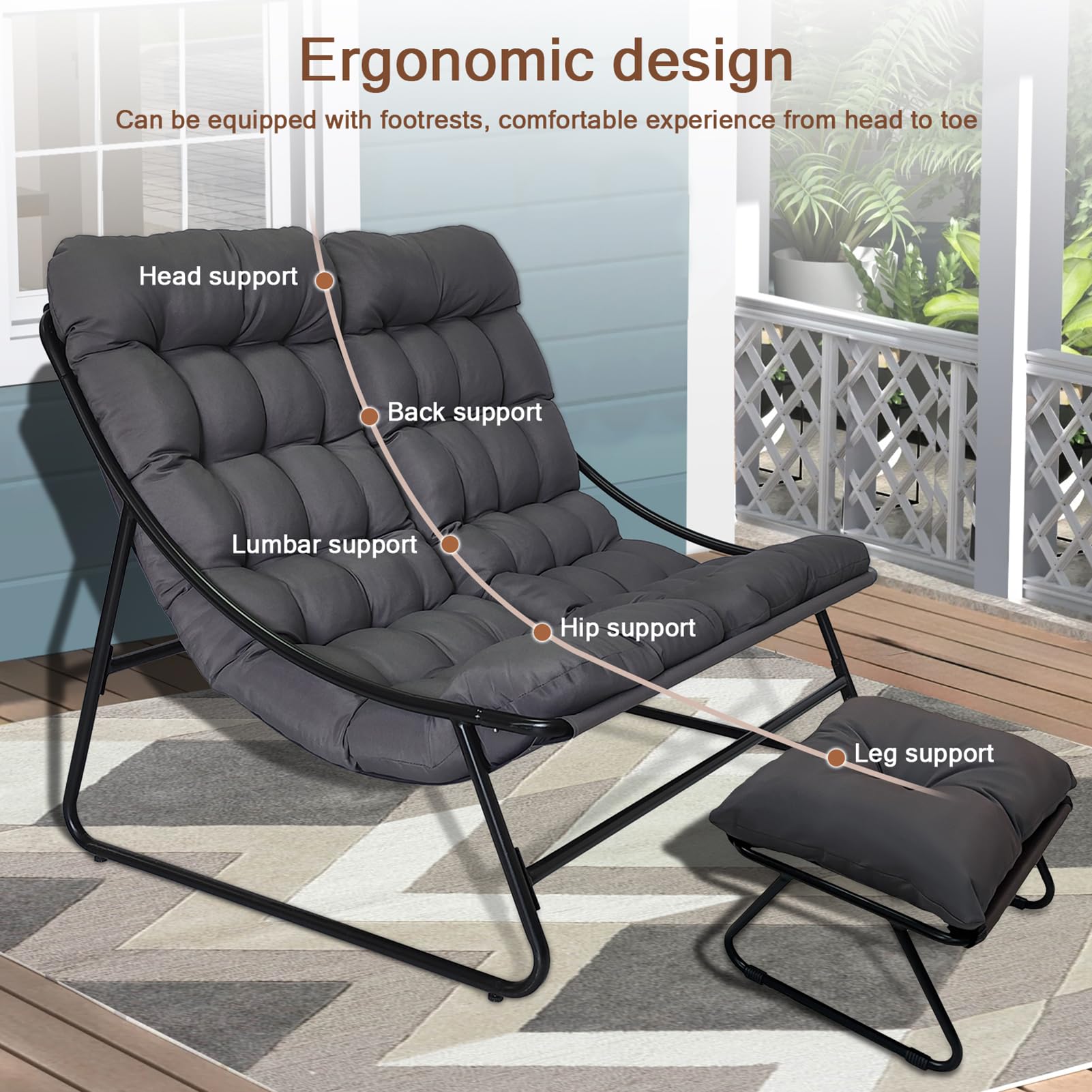 Doppelliege Outdoor 2 Personen, Sonnenliege 2 Personen, Gartenliege Extra Hoch, Loungesessel Outdoor, Liegestuhl Garten, Relaxliege Outdoor, Gartensessel für Balkon Terrasse (grau)