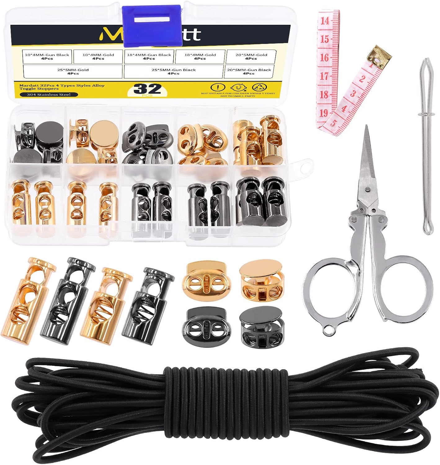 Mardatt 45Pcs Metal Cord Locks for Drawstrings, 4 Styles Single/Double Hole Spring Cord Toggles Stoppers, 3mm Bungee Cord, Threader, Tape Measure and Scissors for Shoelaces Bags (Gold, Gun-Black)