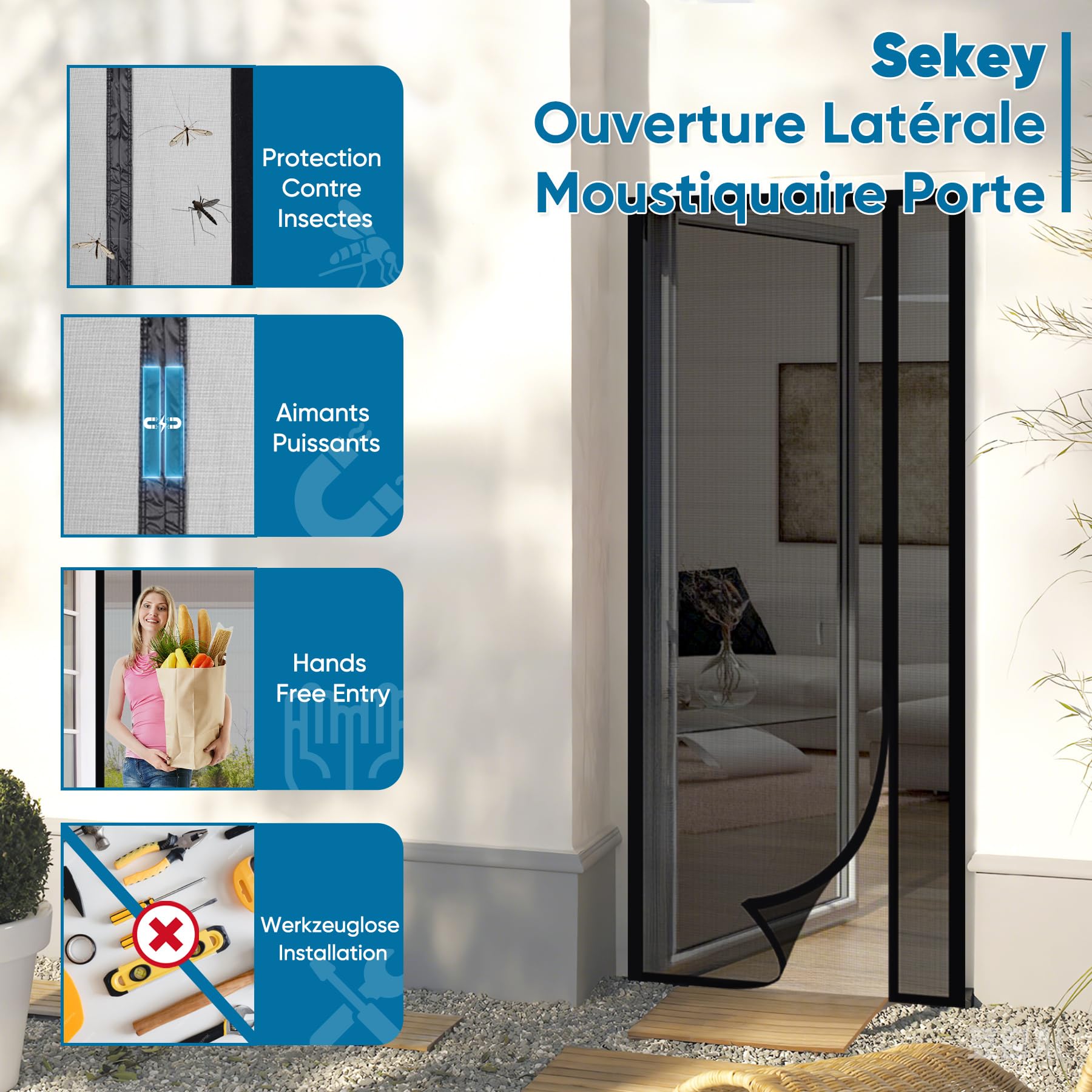 Sekey Moustiquaire Porte Résistant à Griffes de Chat, Moustiquaire Magnétique Ouverture Latérale Rideaux en Fibre de Verre, Balcon Anti Insectes, Installation Facile, 140x230cm