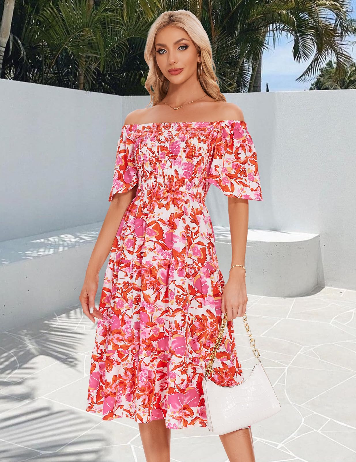 Bbonlinedress Robe été Femme Chic et Elégant à Fleurie pour Plage Casual Cocktail Soirée Bal Top Elastique Manches Courtes