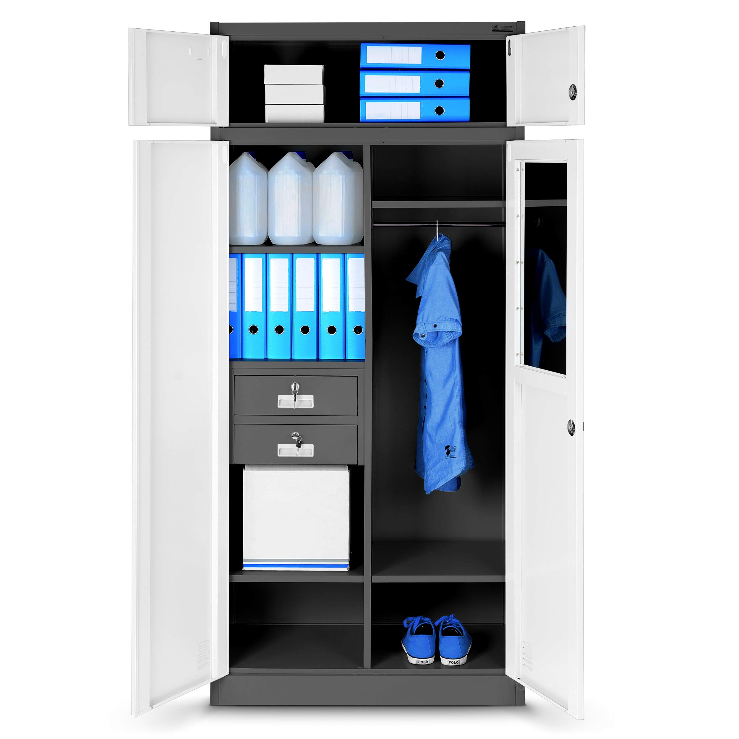 Jan Nowak Aktenschrank, Mehrzweckschrank, Spind Schrank | Geheimfach, 2 Schubladen, 4 Fachböden, Mit Kleiderstange, Spiegel, Pulverbeschichtet, Abschließbar | 185 cm x 90 cm x 50 cm Anhtrazit/Weiß