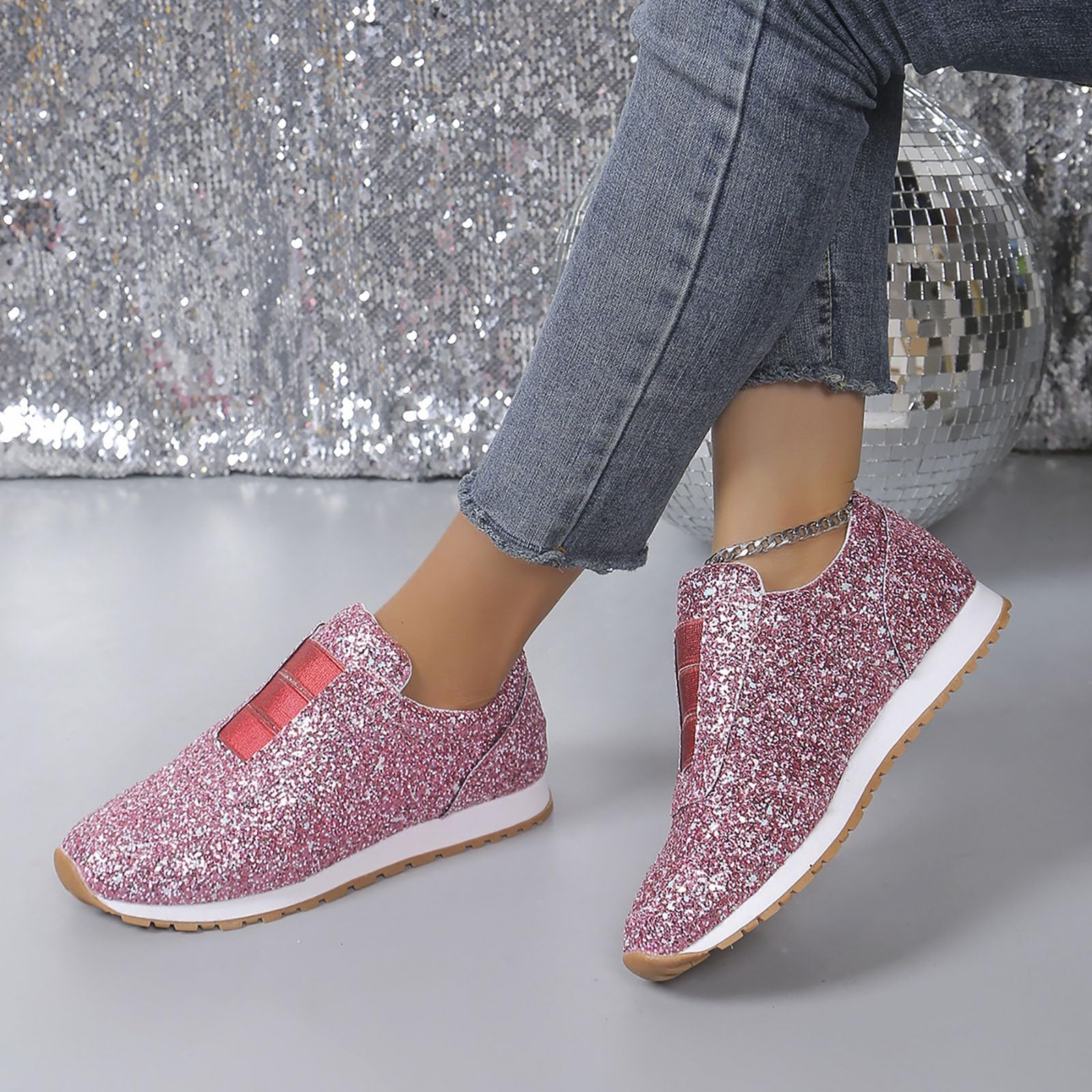 Scarpe da ginnastica da donna glitterate, eleganti, comode, slip-on | Scarpe sportive traspiranti, leggere, antiscivolo, per attività all'aperto, fitness, camminata
