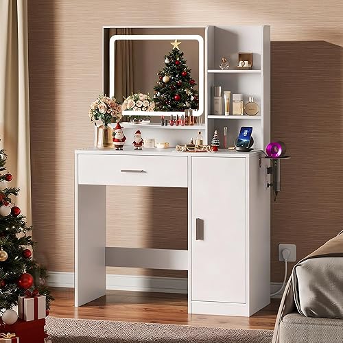 WLIVE Vanity Desk with Mirror and Lights, Makeup Table with Drawer, Cabinet and Open Shelves, Bedroom Dressing Table with Charging Station, White
