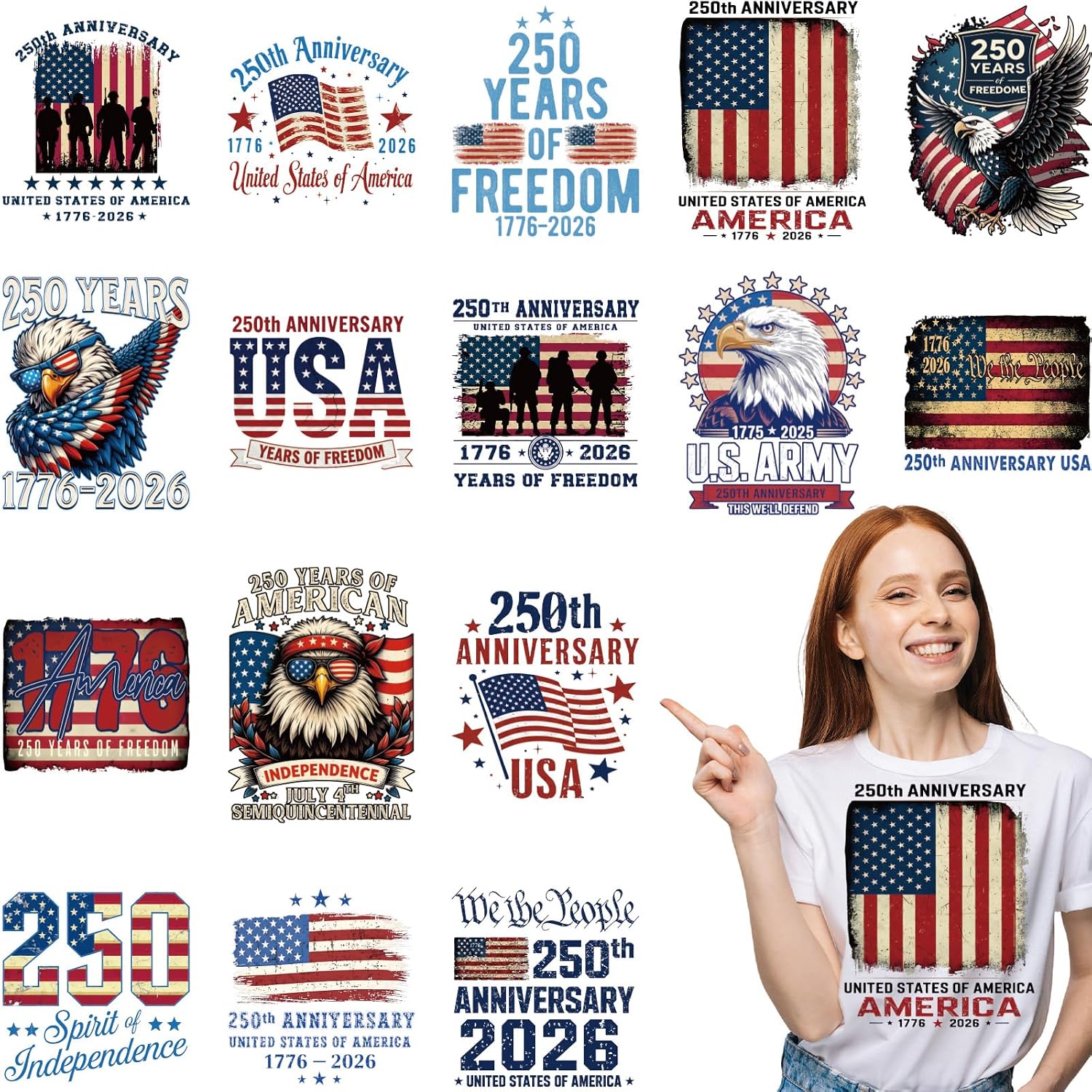 20Pcs Papiailove 250th America Anniversary Dtf Transfers Ready to Press 4th of July Iron on Transfers for Tshirts Independence Day Transfer Vinyl Stickers for Clothing Pillows Bag DIY Crafts