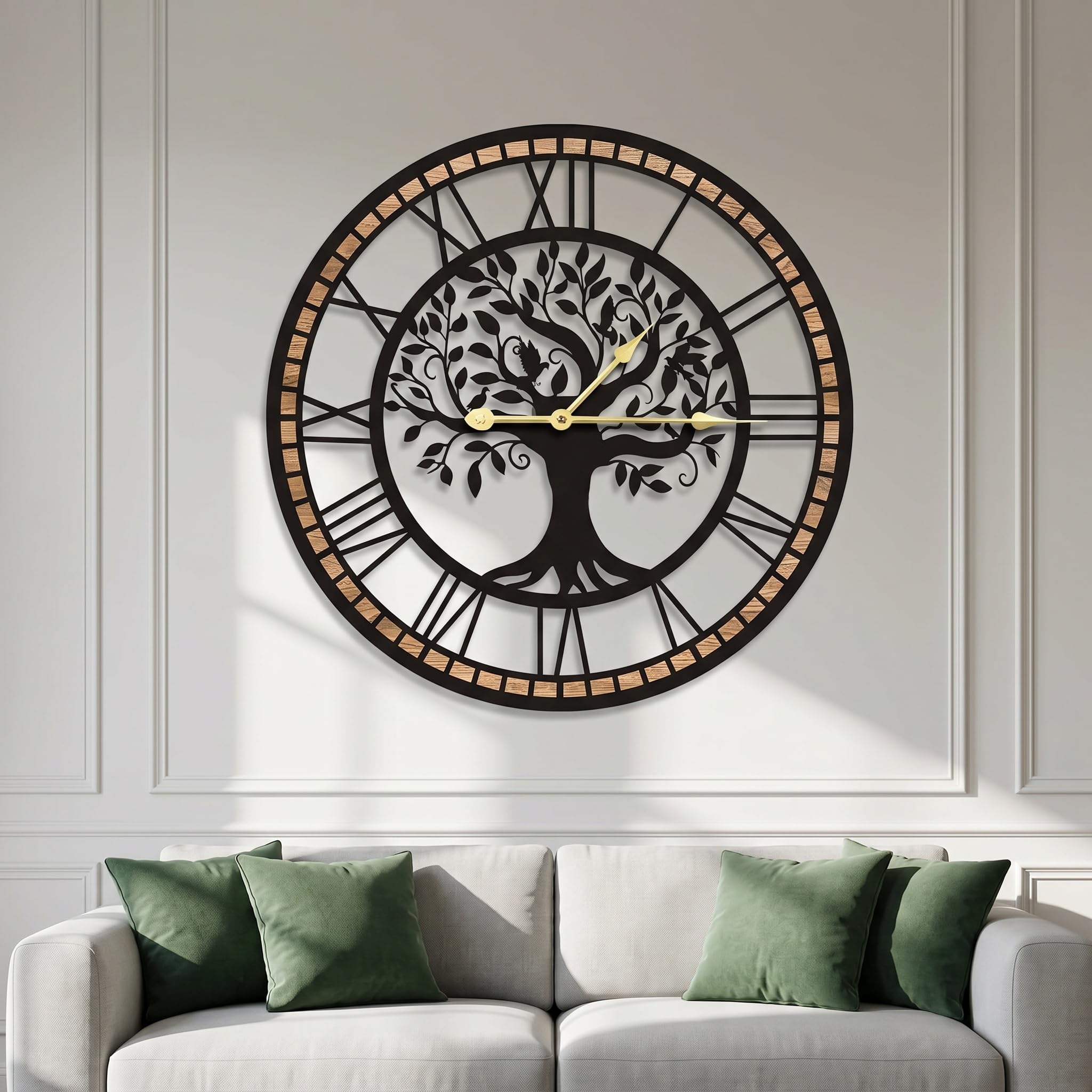 Reloj de Pared Grande con diseño de árbol de la Vida, Negro y Madera, números Romanos, Redondo, 40 cm, para Sala de Estar