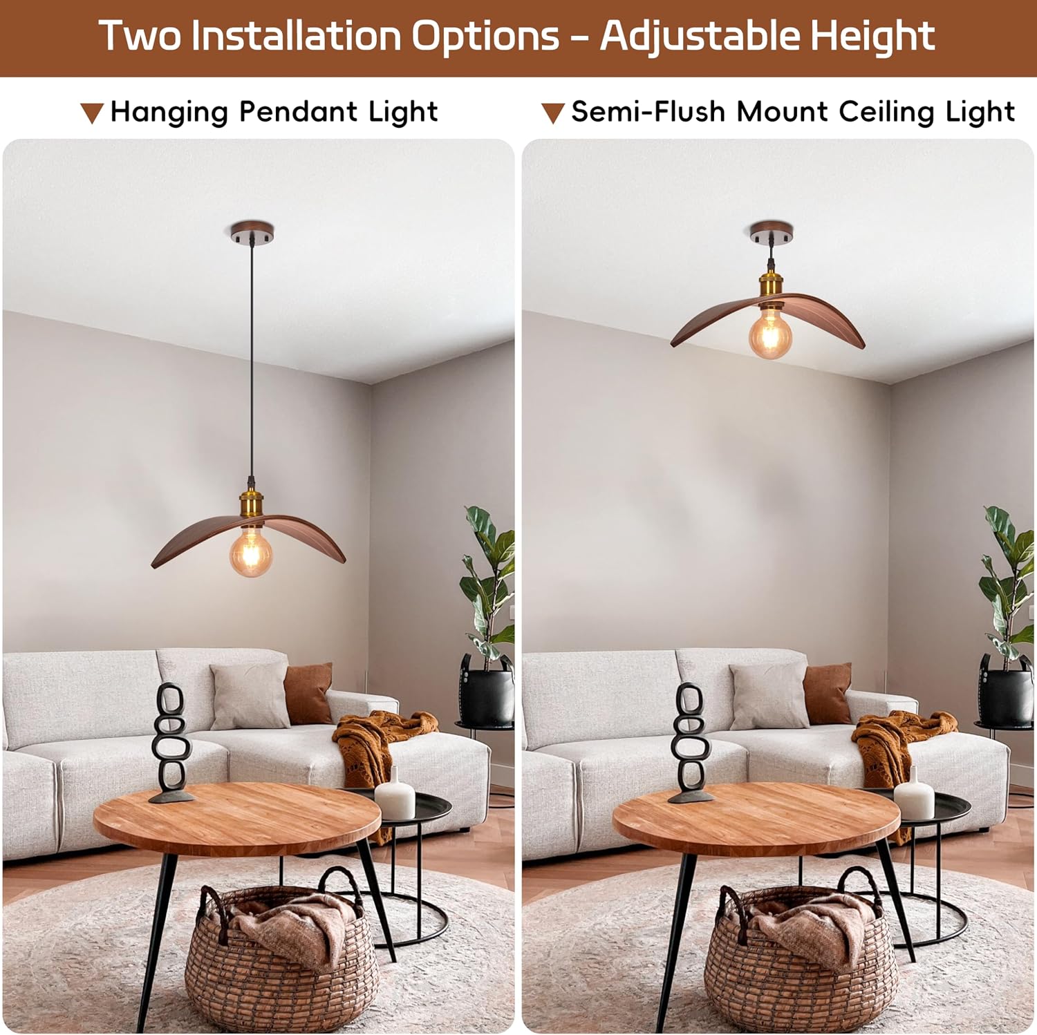 15.3" Pendant Lights Kitchen Island, 1-Light Natural Wood Ceiling Light Fixture Modern Hanging Lamp Decor for Kitchen Island Bedroom, Dining Room, Living Room, Nursery, Entryway, Foyer
