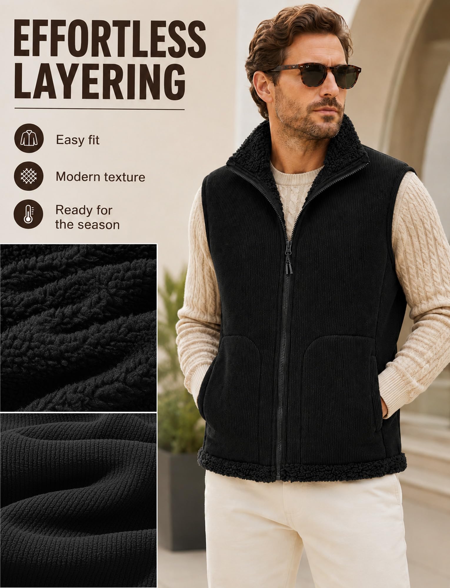 Gilet da uomo in velluto a coste foderato in pile gilet invernale senza