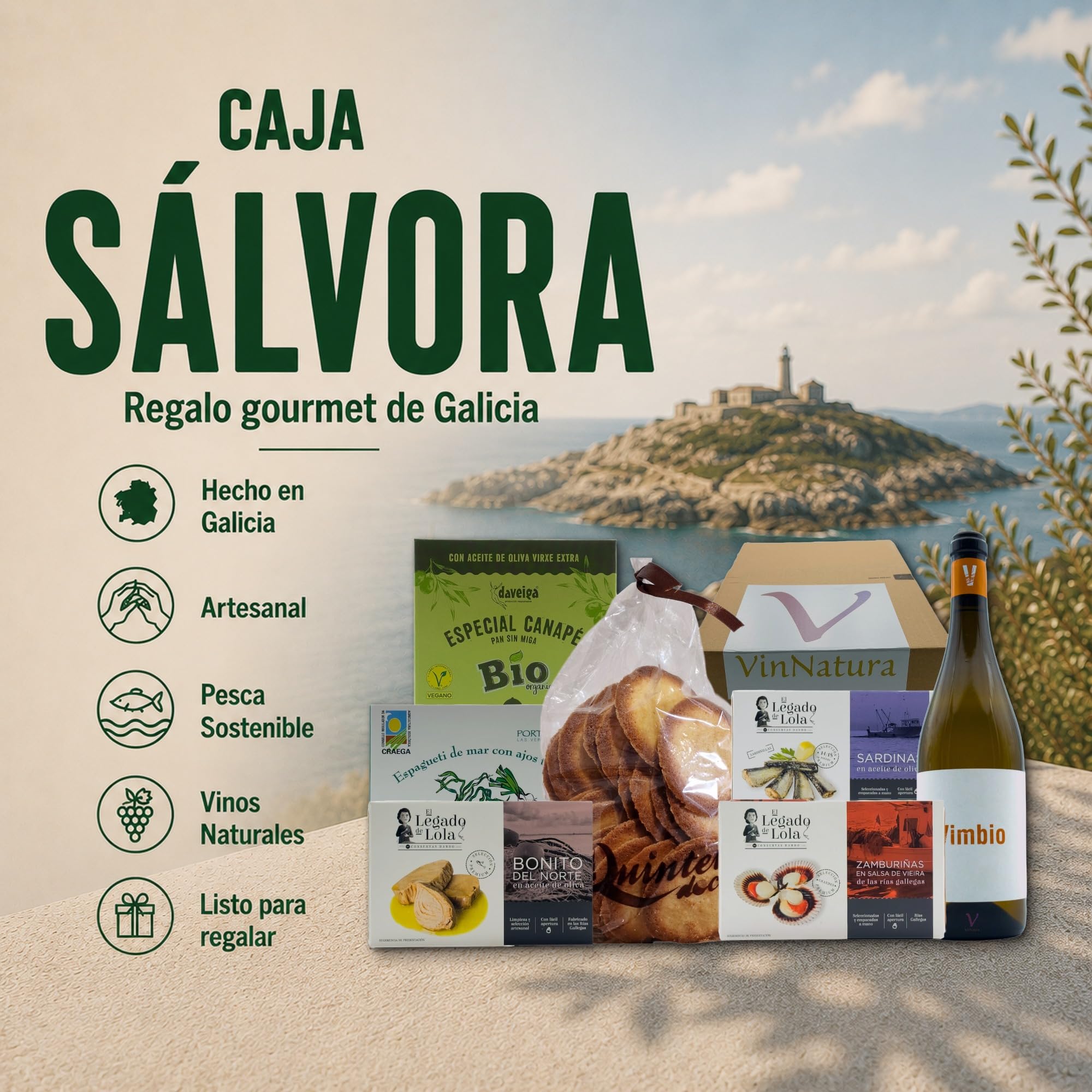 Cesta Gourmet Sálvora de VinNatura con Conservas Artesanales y Vino Blanco | Regalo gourmet gallego, regalos de empresa, cesta con vino, productos artesanos, tarjeta personalizable
