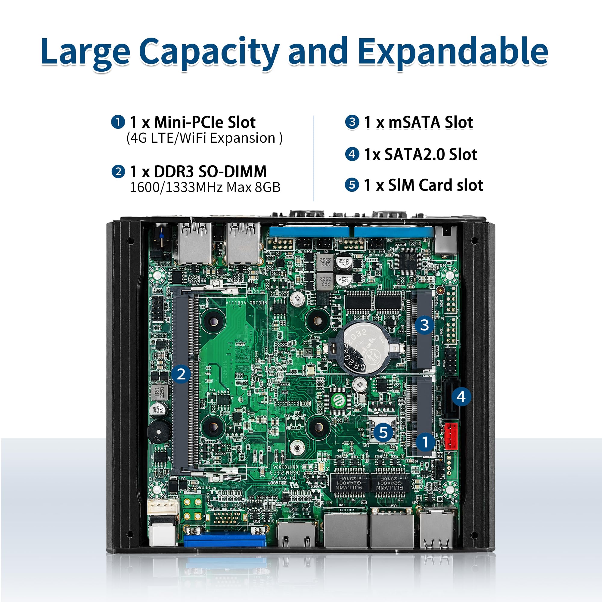Fanless Industrial Mini PC N2840, 2× COM RS232/RS485, 2× Gigabit LAN, Micro PC Box, Embedded Computer DDR3L Barebone, VGA+HD Ports, SATA, 6× USB, SIM Slot, Auto Power On
