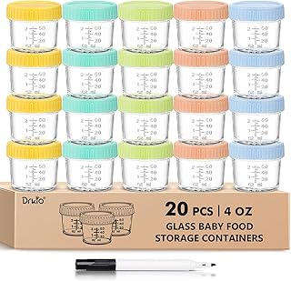 DRKIO 20 Pack Glass Baby Food Storage Containers 4 Oz Baby Food Jars with Lids Baby Food Maker Microwave Dishwasher Freezer Safe 100% Leak-Proof BPA Free