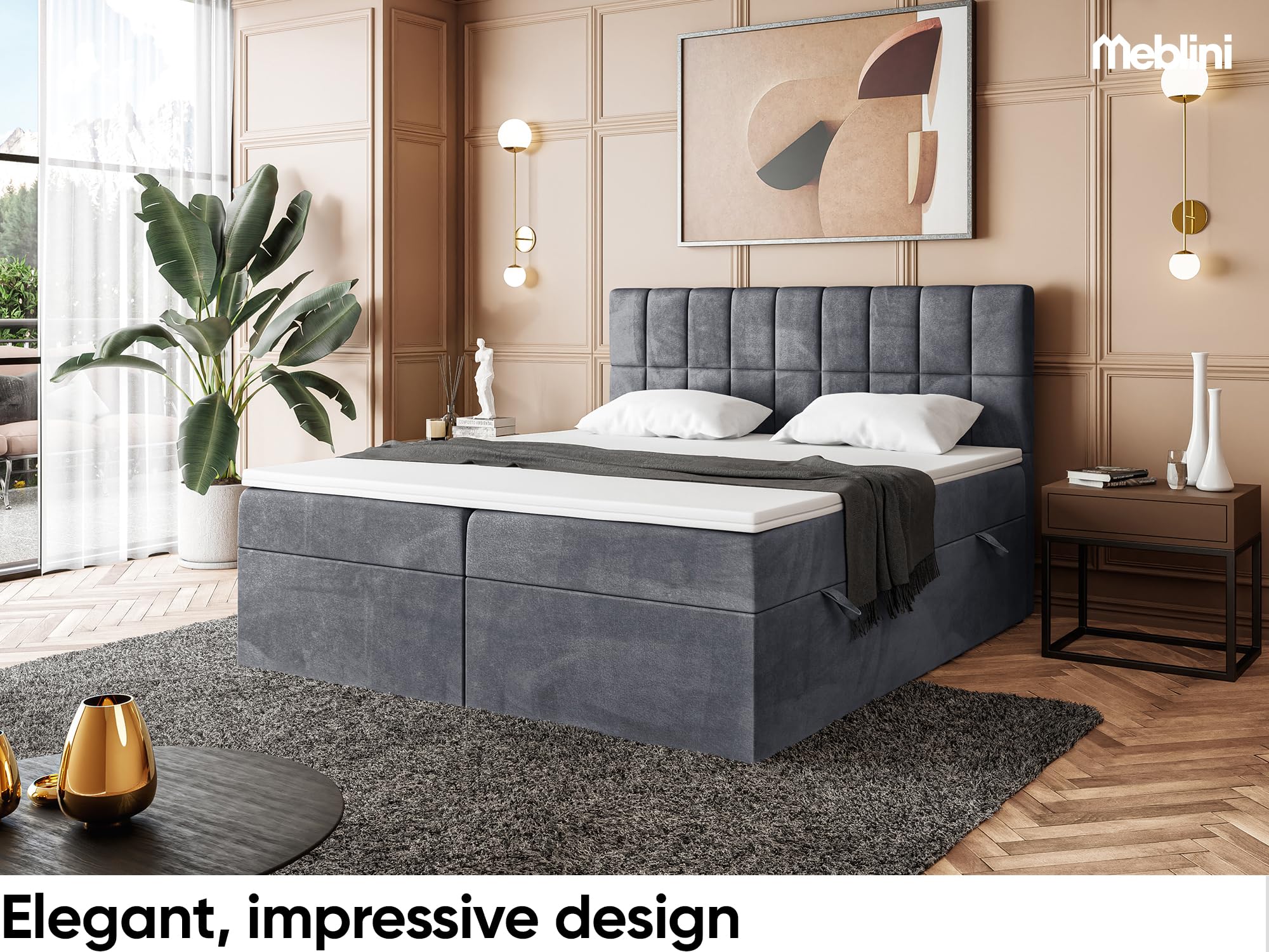 MEBLINI Boxspringbett mit Bettkasten - 200x200 - Gepolstert Doppelbett mit Matratze und Topper - Polsterbett mit Stauraum - Bett mit Kopfteil - Stauraumbett - Lukas - H3/Dunkelgrau Samt