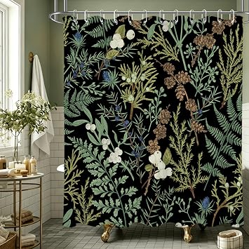 HVEST Black and Green Botanical Shower Curtain for Bathroom Vintage Plant Floral Leaf Aesthetic Shower Curtain Dark Green Cottage Core Bath Curtain Polyester Fabric with Hooks, 72Lx72W Inches