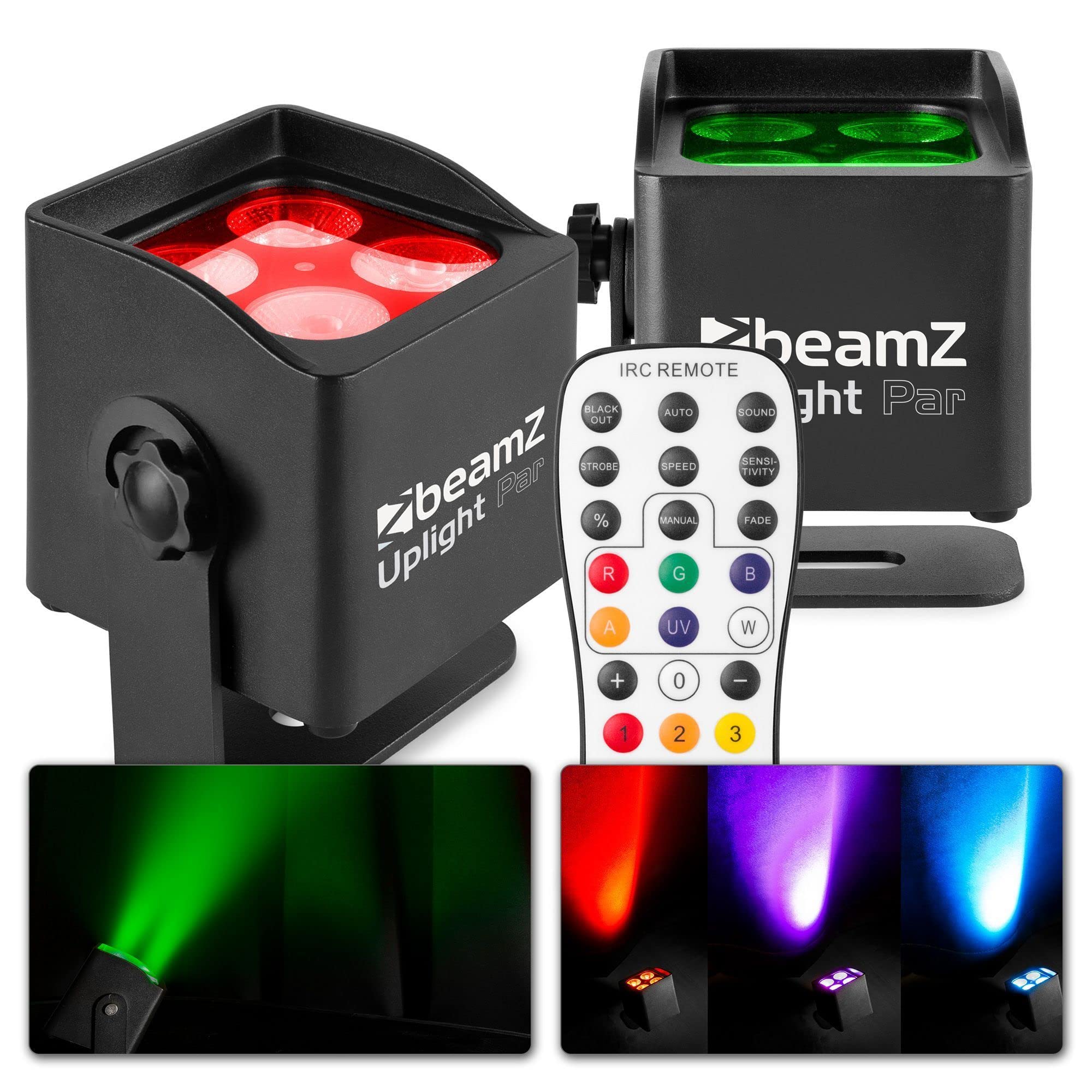 BeamZ BBP44 Akku Uplight 2er Set Mini 4x4 Watt LED Par Strahler Outdoor, RGWB, 25h Akkulaufzeit, IP65, Bühnenbeleuchtung, Soundmodus, 0-100% Dimmer, Automodi, Bühnenlicht, Inkl. Fernbedienung