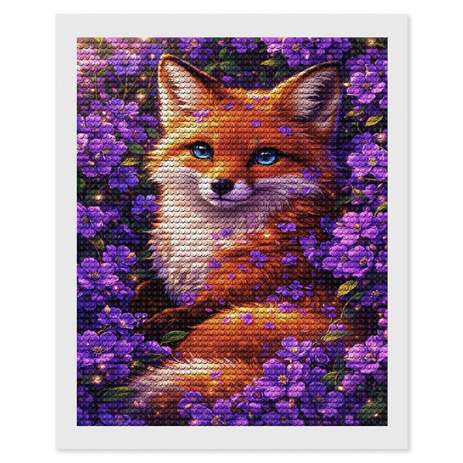 Junmoney Fox Among Lavender Blooms DIY Diamond Art Canvas Kit 16"x20", Relaxing DIY, Sparkling Crystal Beads, Vintage Style Decor, Holiday Gift Idea