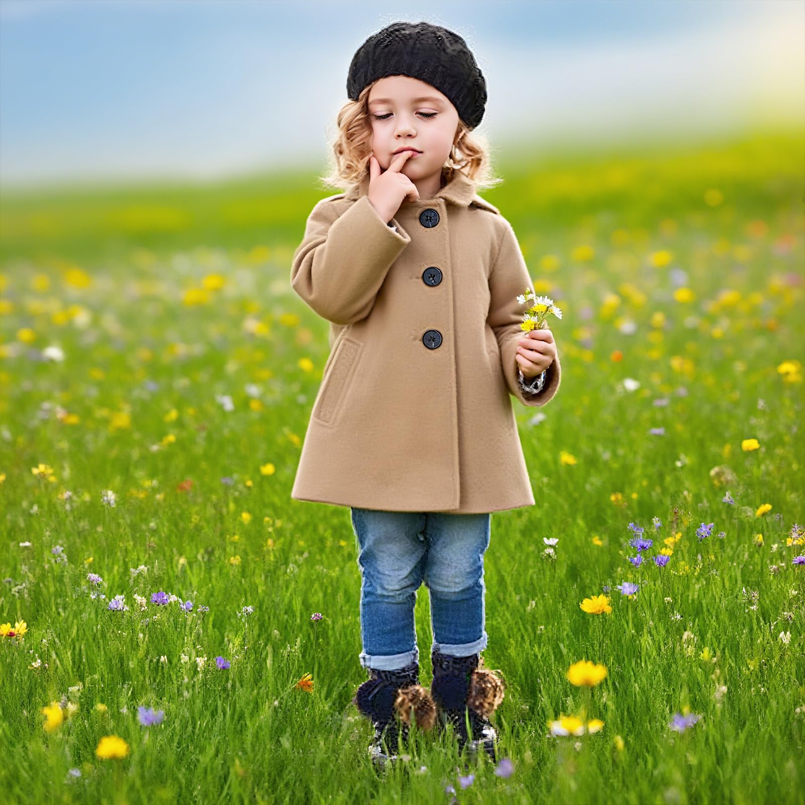 Manteaux Fille,Manteau Hiver Fille avec Poches,Revers de Type Veste,Boutonnage Simple,Manches Longues,Veste de Transition Printemps-Automne pour Filles de 2 à 8 ans