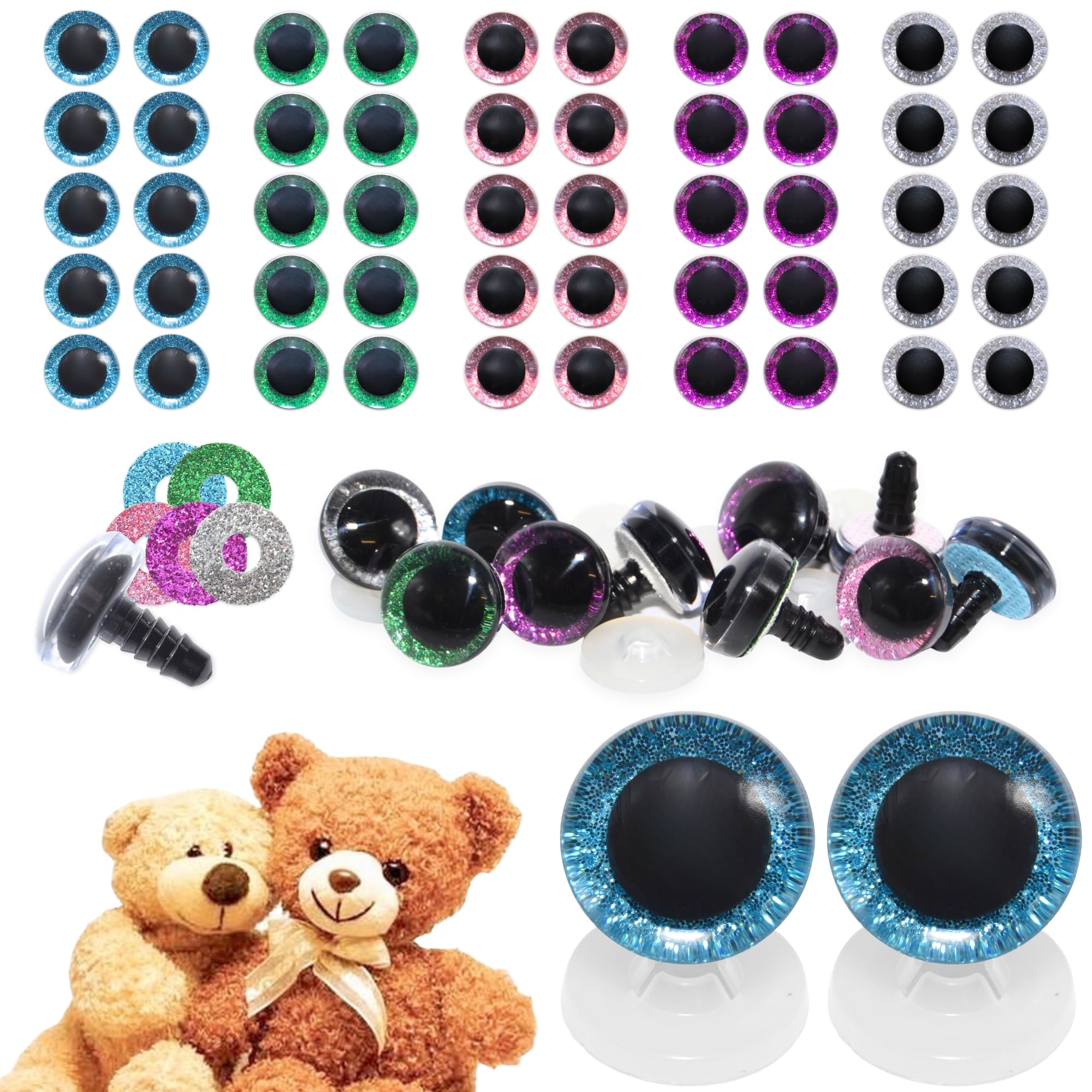 celloexpress 20mm Mix 1 3D Glitter Eyes with Plastic Backs - Sparkle Safety Eyes for Soft Toy Teddy Bear Animal Making (Pack of 25 Pairs)