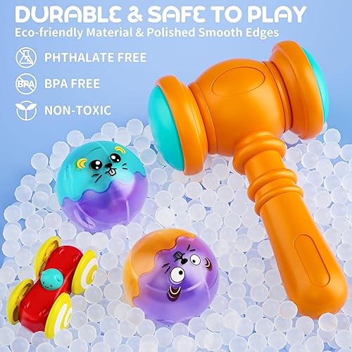 Miniatura 5 de Bola rodante 2 en 1 y pista de carreras de rampa de coche para niños pequeños, juguete de caída de bola de martillo para niños y niñas, juguetes