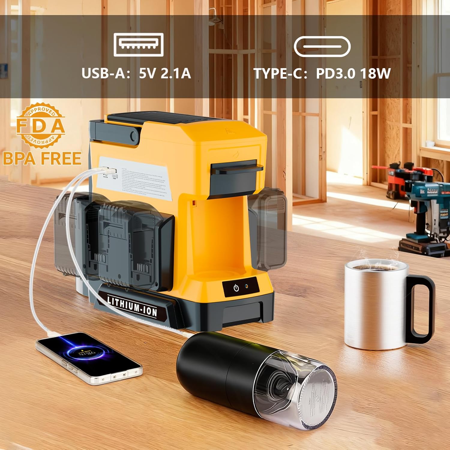 Cordless Coffee Maker for Dewalt 20V MAX Battery, 3 Brewing Options Drip Coffee Maker with Coffee Grinder, Portable Single Serve Coffee Makers for Camping, Travel, and Jobsite. (Tool Only)