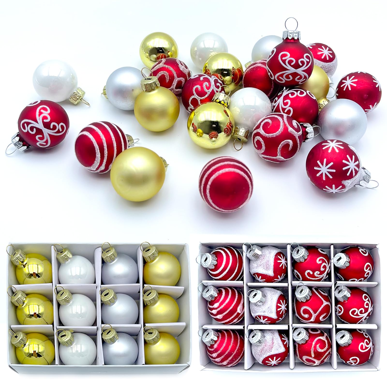 Bolas De Navidad Cristal, Decoracion Navidad Arbol, Pack Adornos Navidad Arbol, Adornos Navidad Casa, Decoración Navideño Baubles 3cm Rojas Doradas Verde Blanco Ornaments 24pcs Kit con Cajas (B)