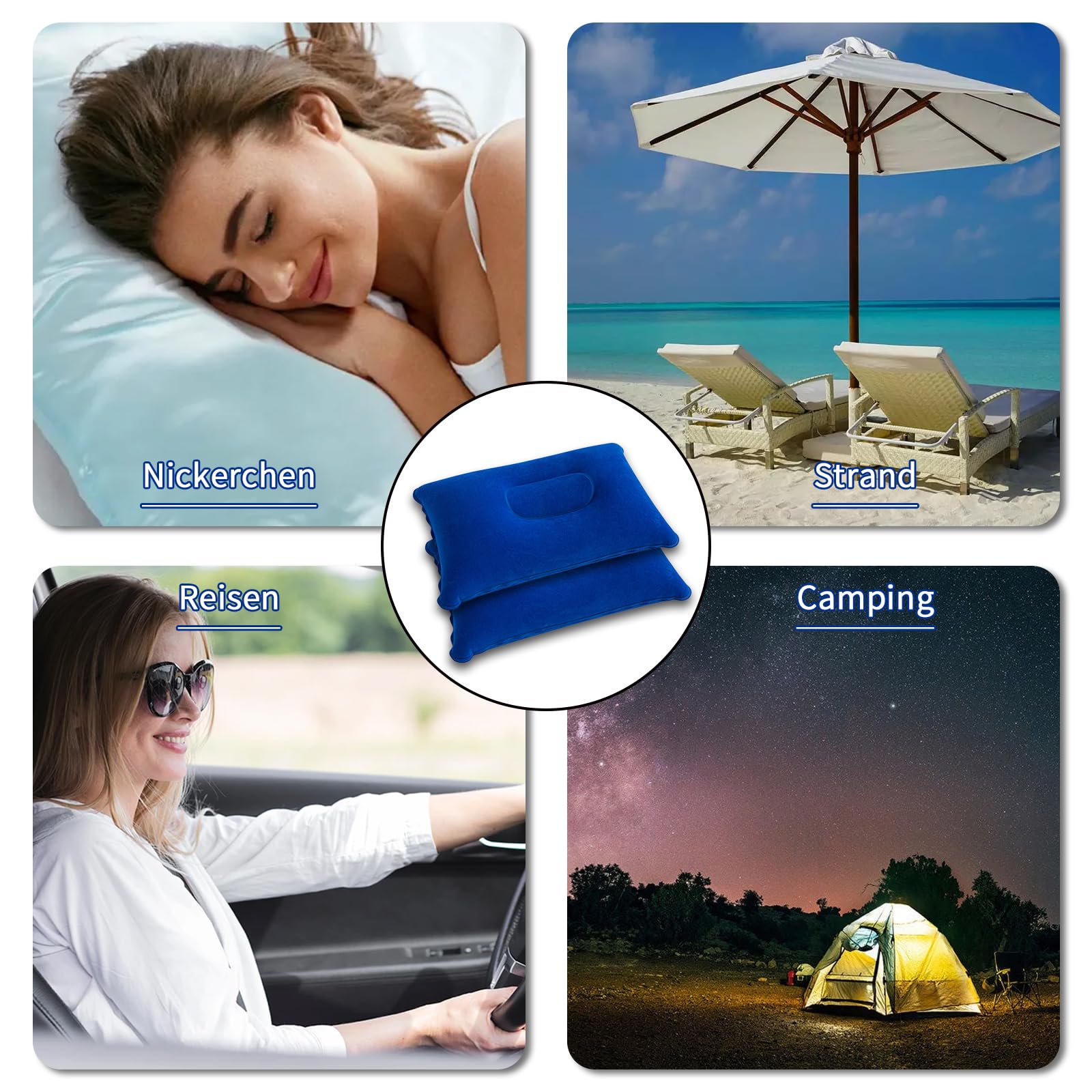 MOAZIFI 2 Stück Aufblasbares Kissen, Strandkissen Camping Reisen Urlaub Must Haves - Ultraportable Komfortkissen mit Weicher Beflockung für Strand Freizeit Camping Reisen Auto Hotel - 38 x 24 cm
