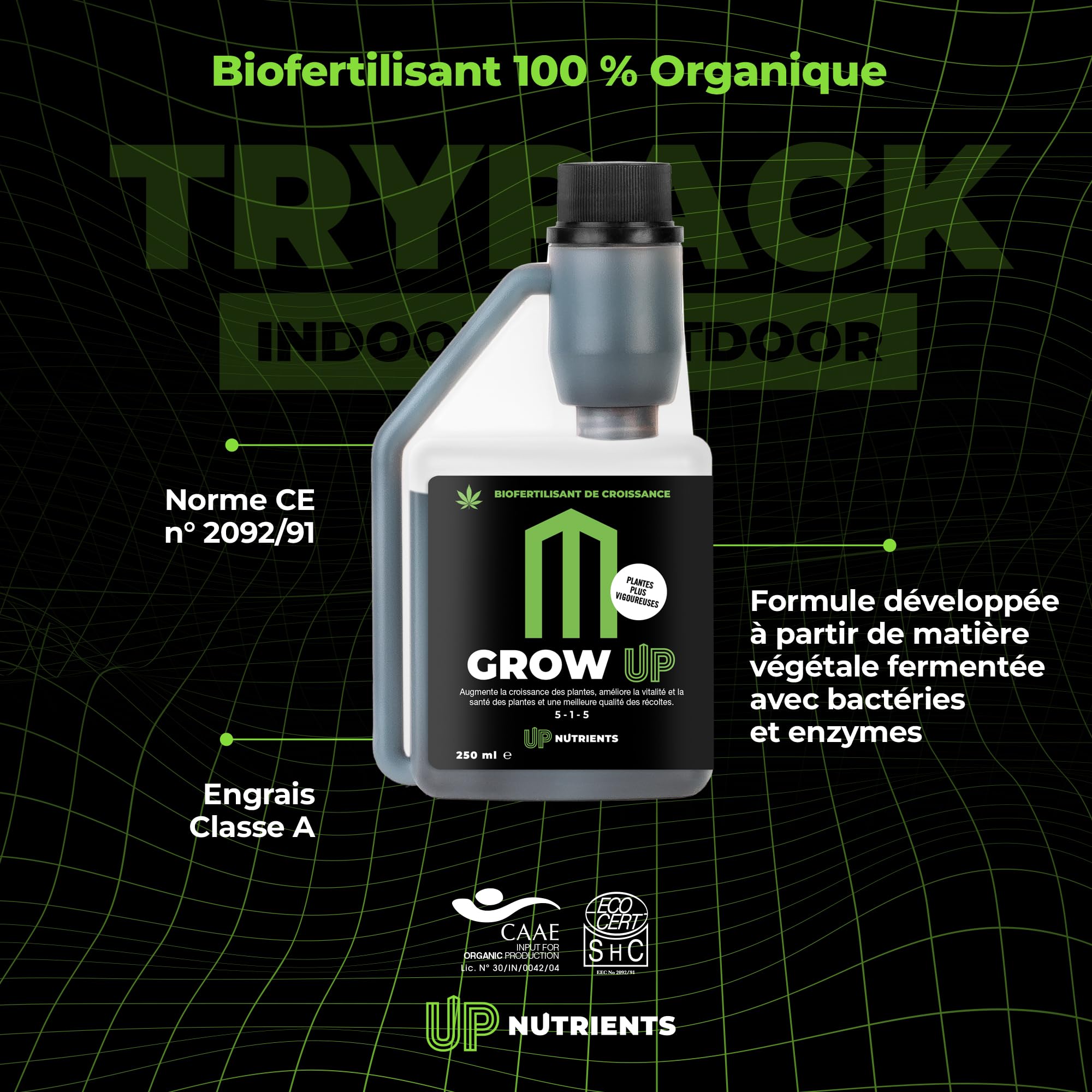 UP NUTRIENTS Trypack Engrais Grow, Bloom & Boost 250 ml | Engrais 100% biologique pour culture en intérieur & extérieur | Enracinement, Croissance et Floraison | Stimulant fleurs et plantes (250 ML)