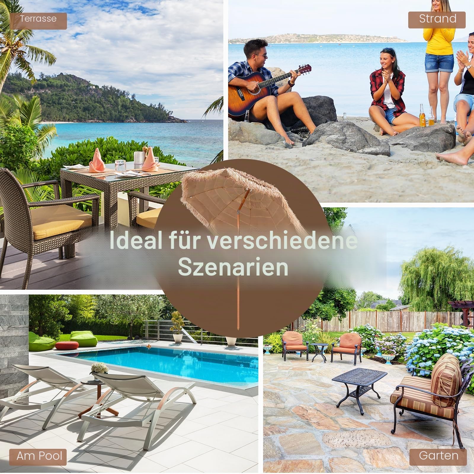 KOMFOTTEU φ2,2M Sonnenschirm Hawaii, Strandschirm 30° knickbar, Balkonschirm Strohschirm mit Sonnenschutz & 8 Rippen, Marktschirm für Garten, Strand