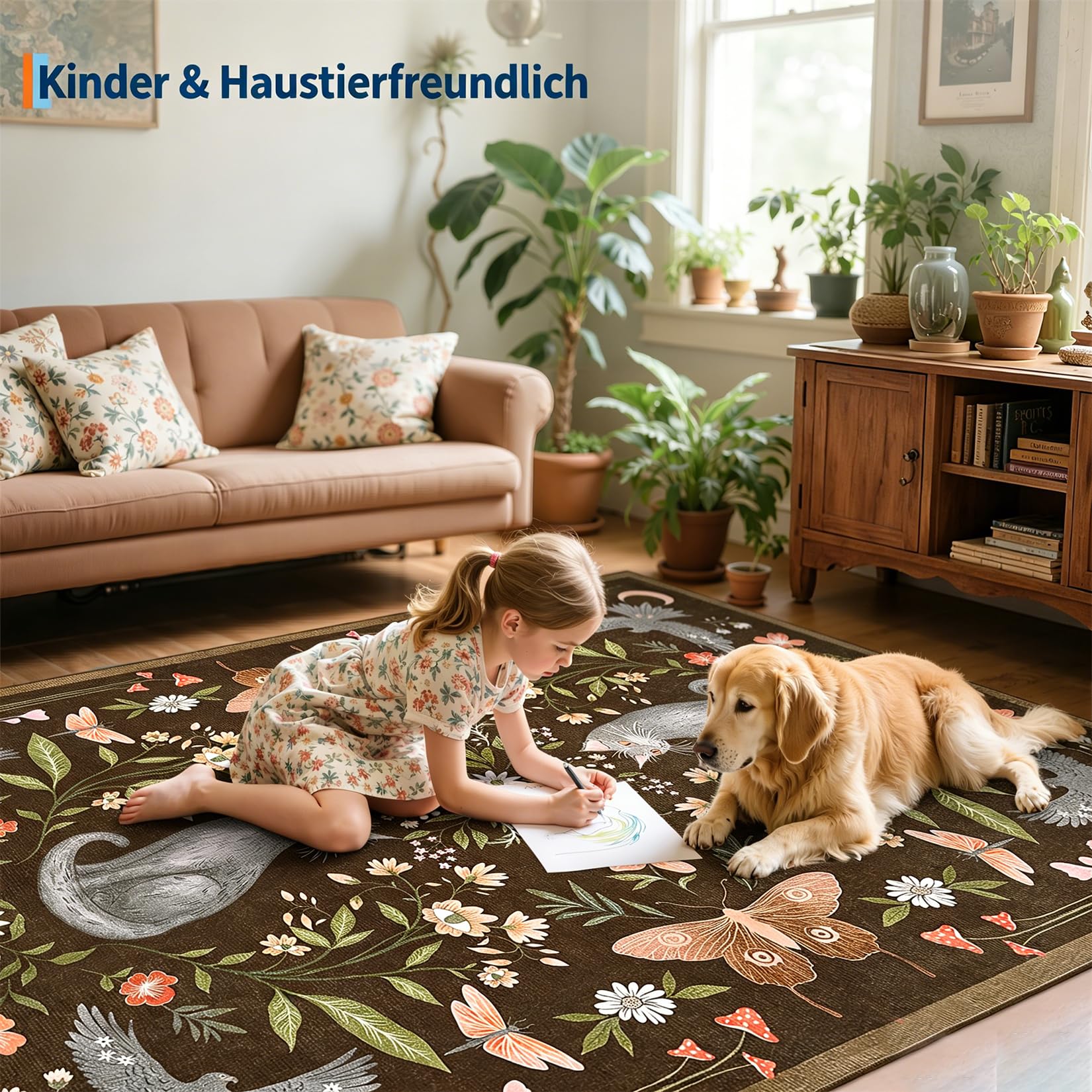 FairyStyle Waschbarer Katzenteppich 120x170cm, Braun Flor Tierteppich | Kurzer, rutschfest Innenraumteppich, Faltbare, Fleckenabweisende, fürWohnzimmer Kinderzimmer Schlafzimmer